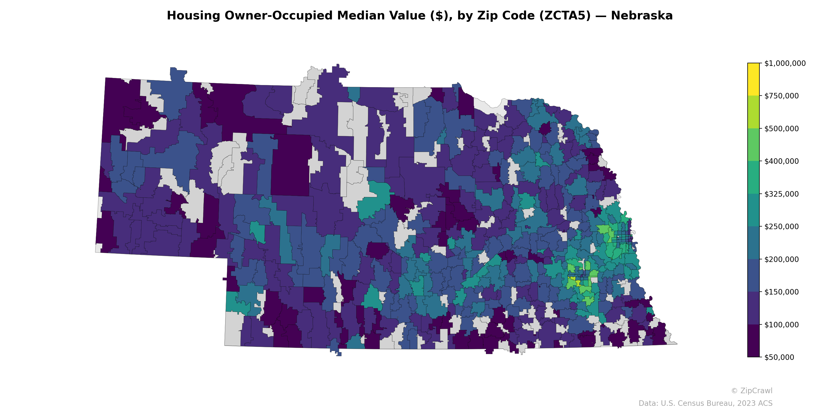 Housing Owner-Occupied Median Value ($), by Zip Code (ZCTA5) — Nebraska