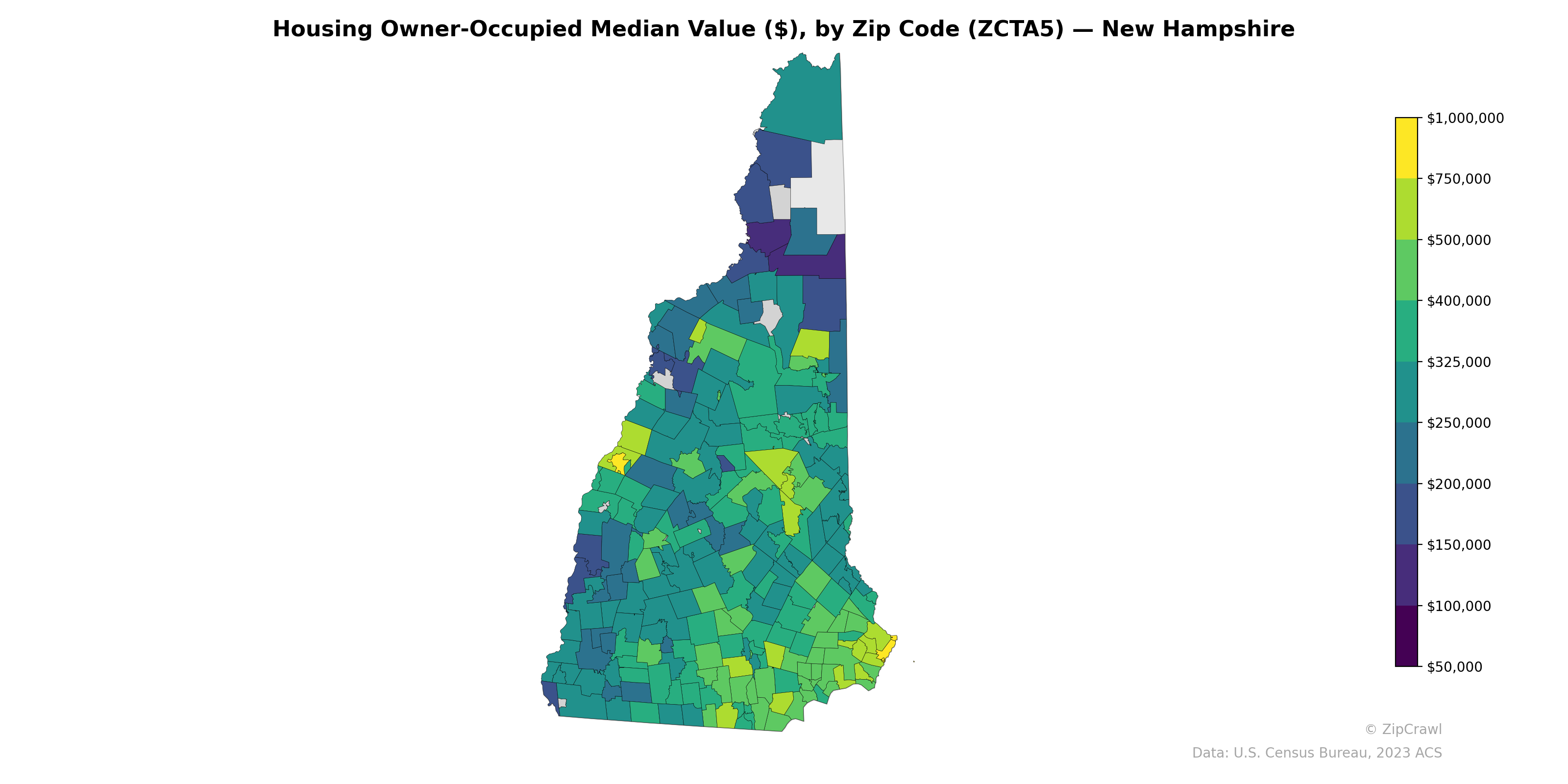 Housing Owner-Occupied Median Value ($), by Zip Code (ZCTA5) — New Hampshire