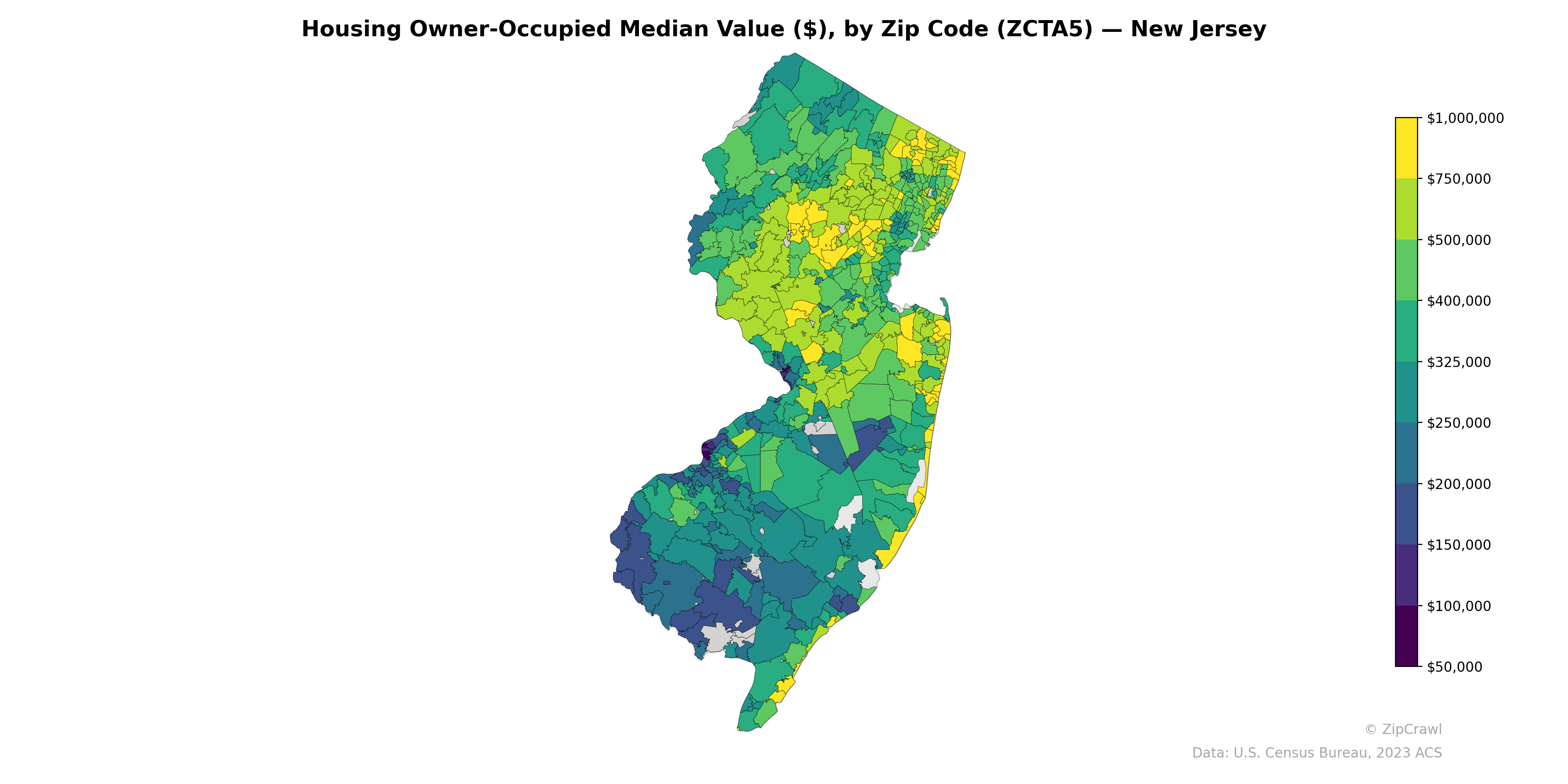 Housing Owner-Occupied Median Value ($), by Zip Code (ZCTA5) — New Jersey