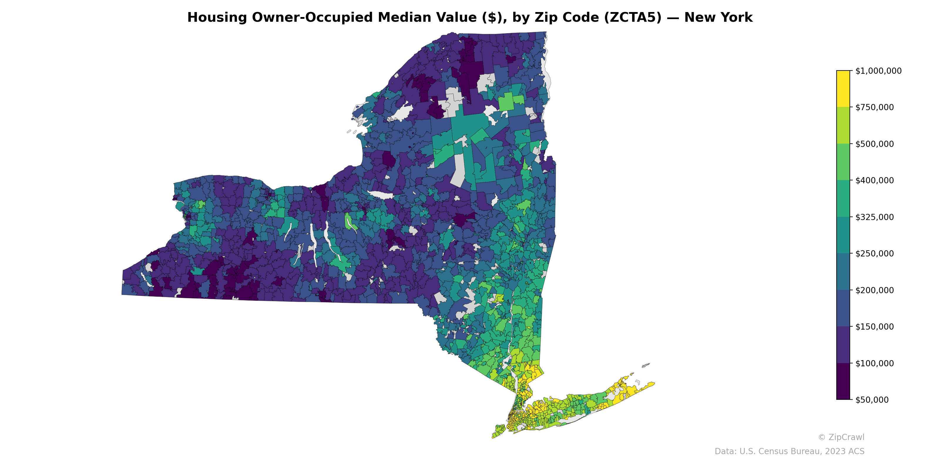 Housing Owner-Occupied Median Value ($), by Zip Code (ZCTA5) — New York
