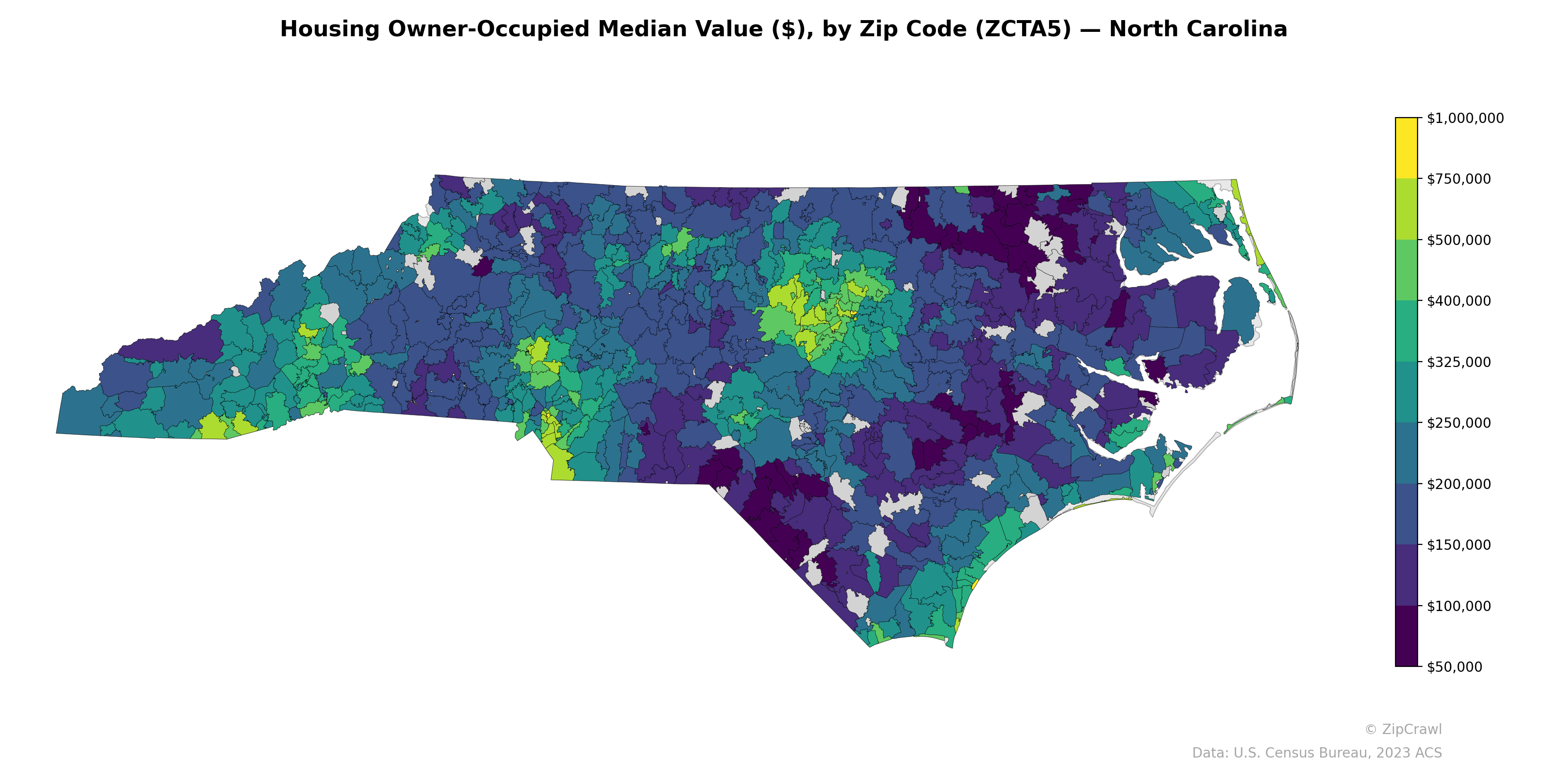 Housing Owner-Occupied Median Value ($), by Zip Code (ZCTA5) — North Carolina