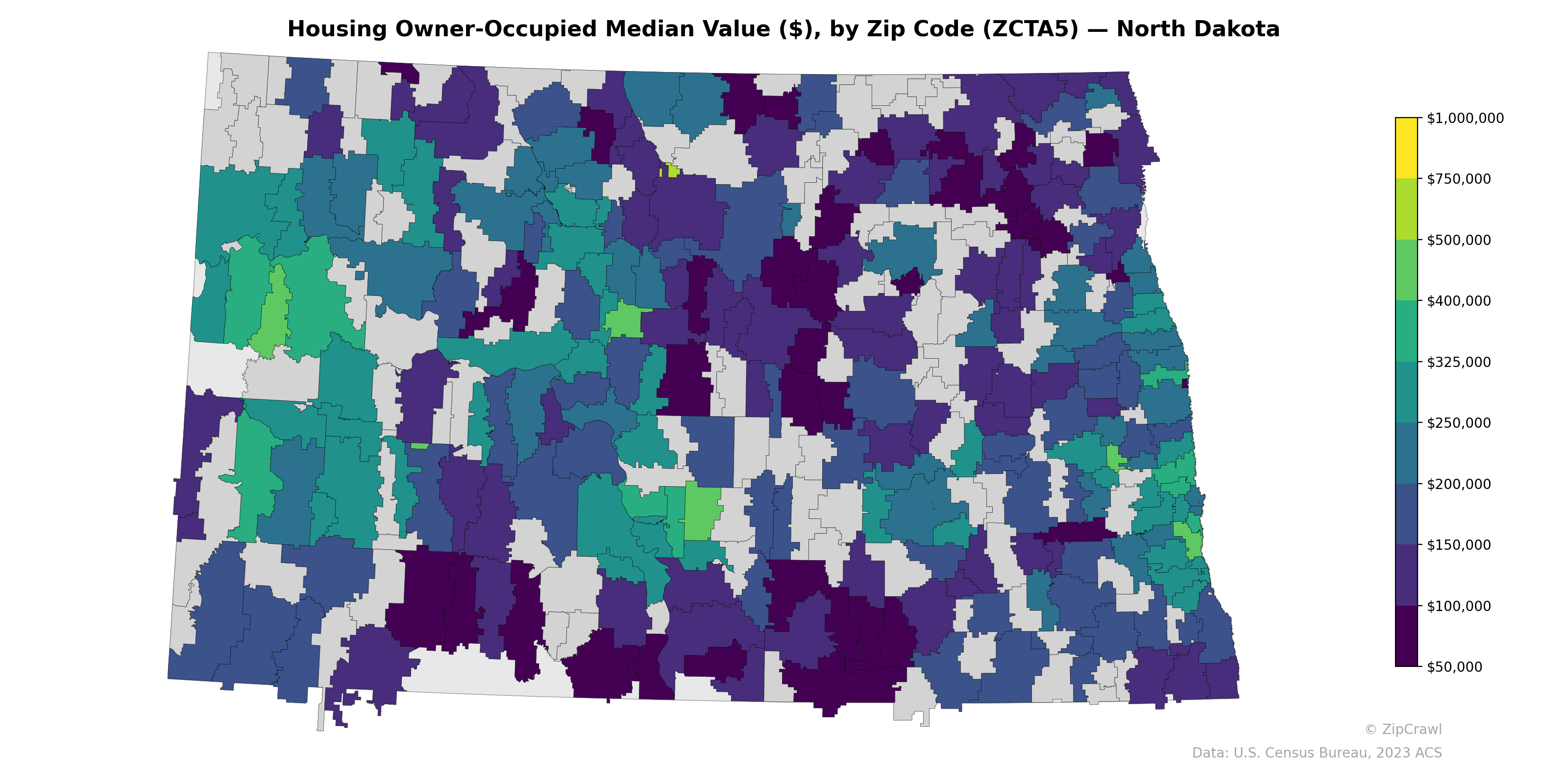 Housing Owner-Occupied Median Value ($), by Zip Code (ZCTA5) — North Dakota