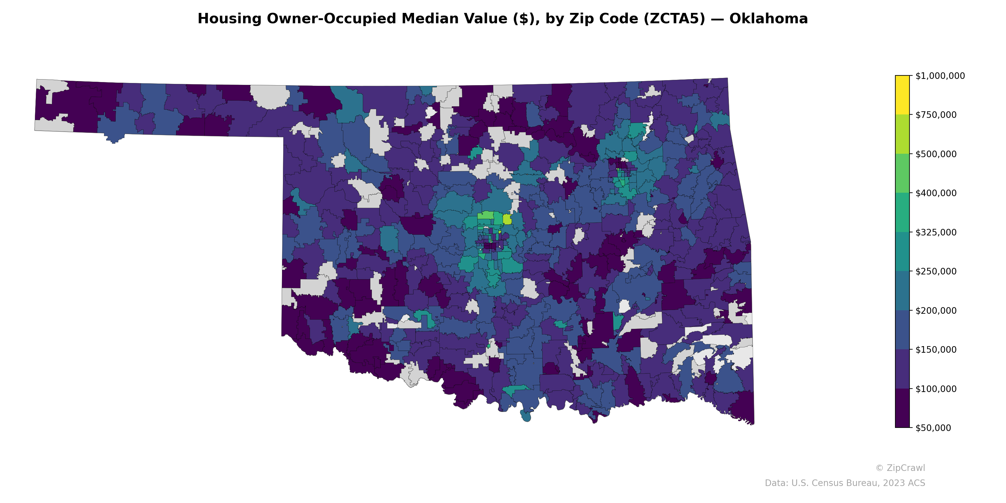 Housing Owner-Occupied Median Value ($), by Zip Code (ZCTA5) — Oklahoma