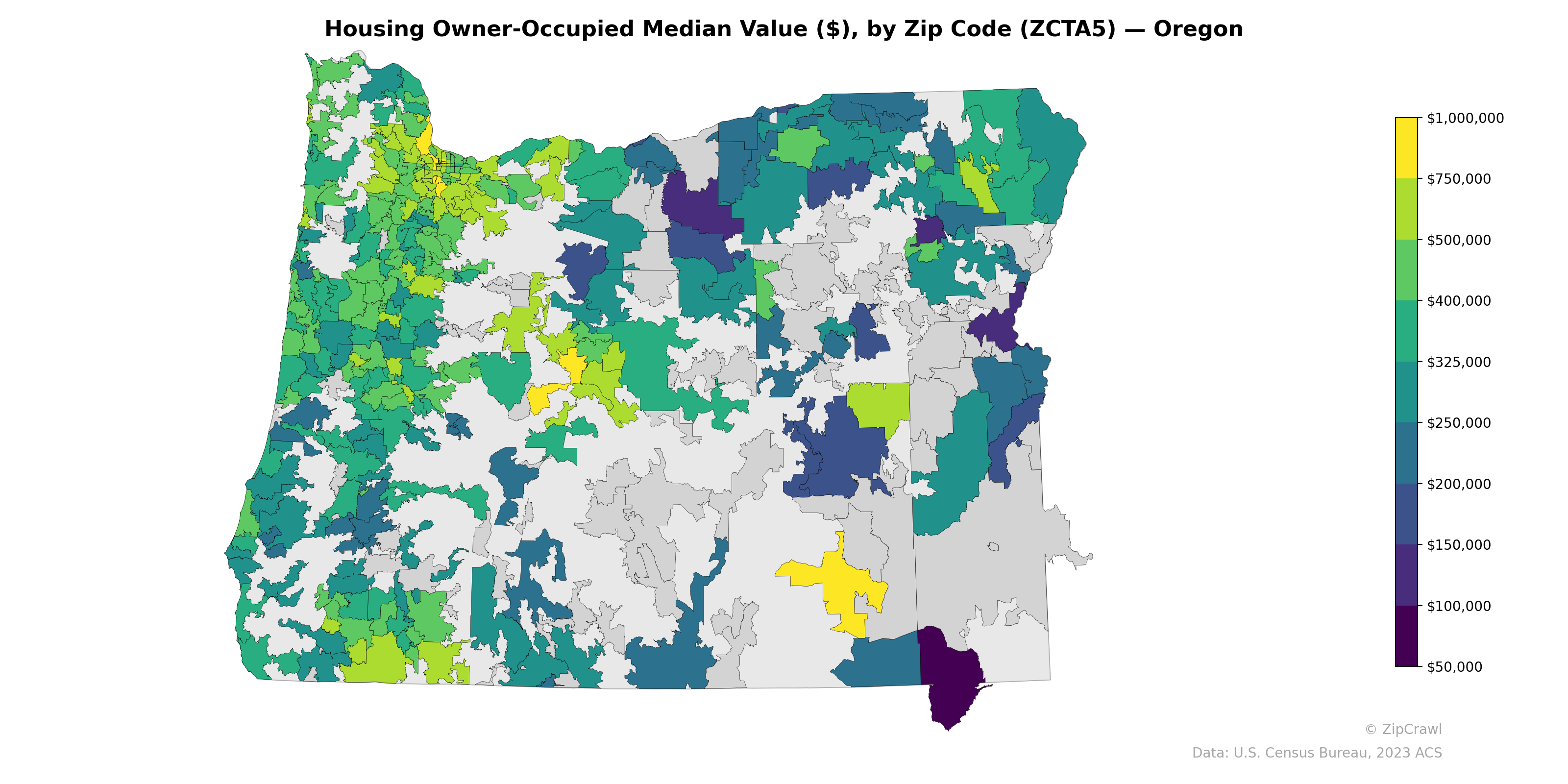 Housing Owner-Occupied Median Value ($), by Zip Code (ZCTA5) — Oregon