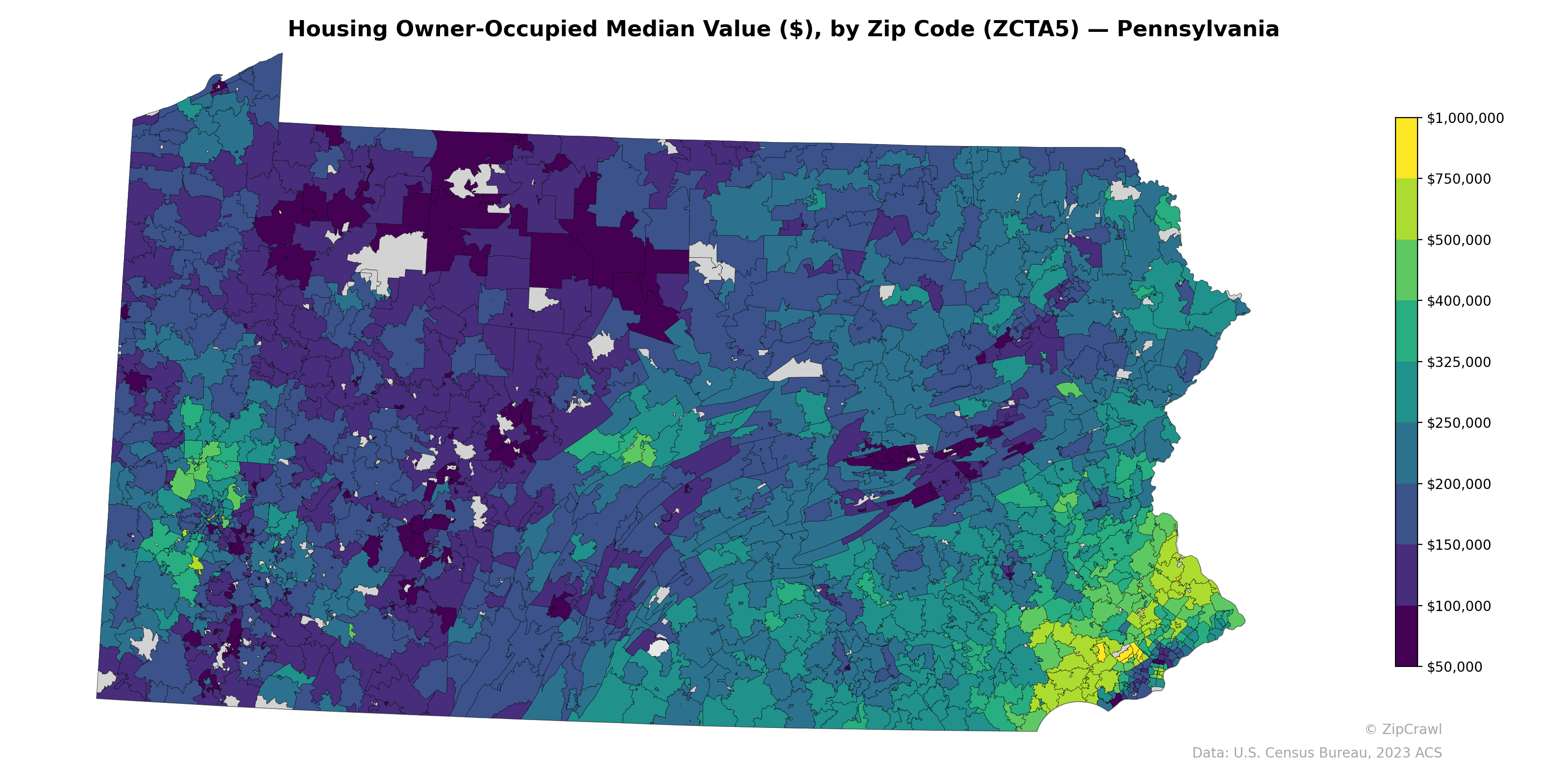 Housing Owner-Occupied Median Value ($), by Zip Code (ZCTA5) — Pennsylvania