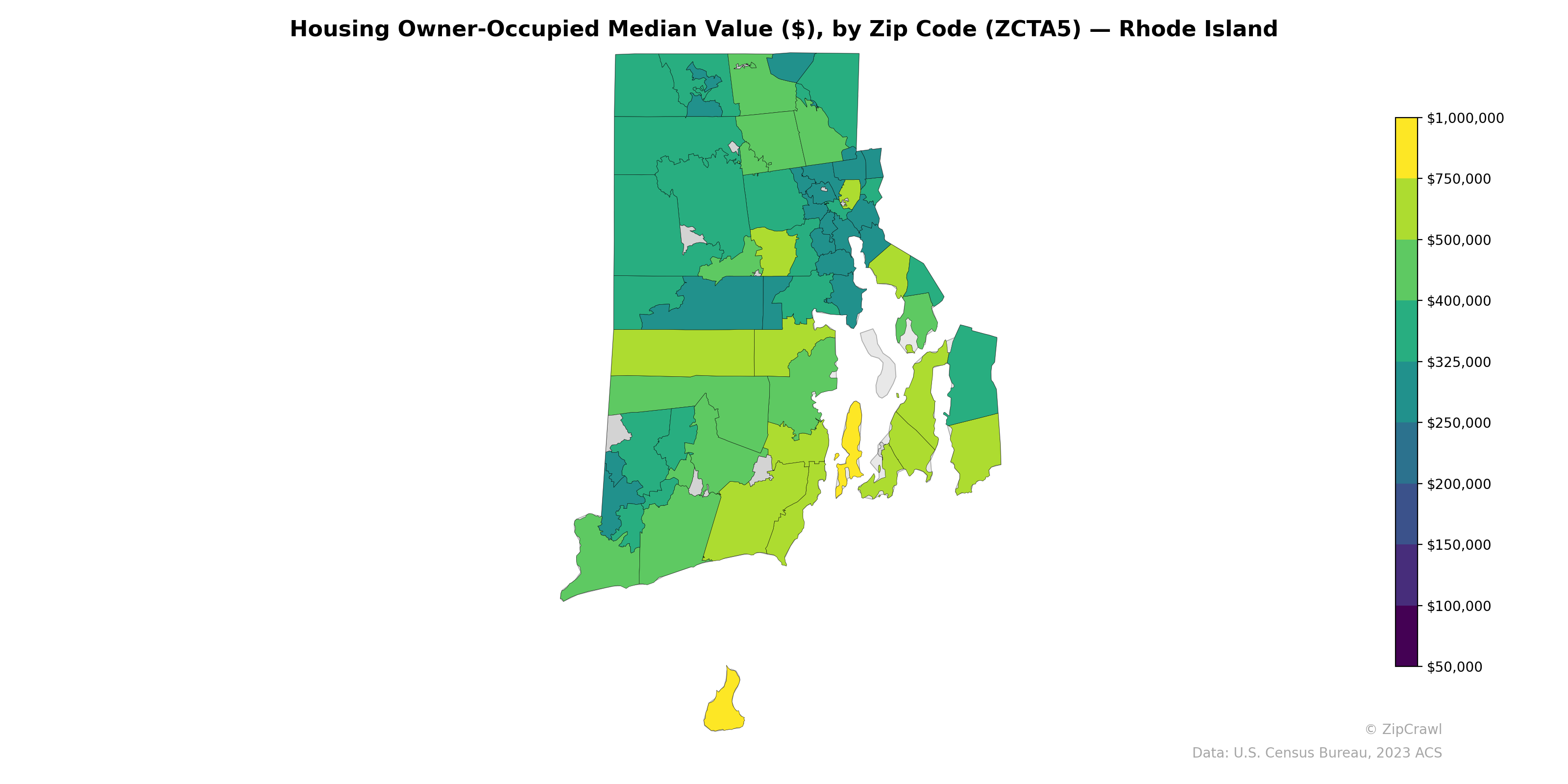 Housing Owner-Occupied Median Value ($), by Zip Code (ZCTA5) — Rhode Island