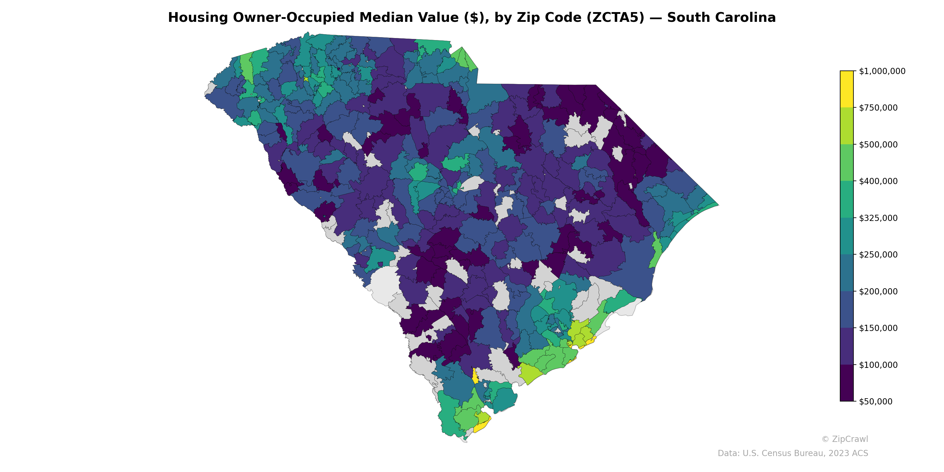 Housing Owner-Occupied Median Value ($), by Zip Code (ZCTA5) — South Carolina