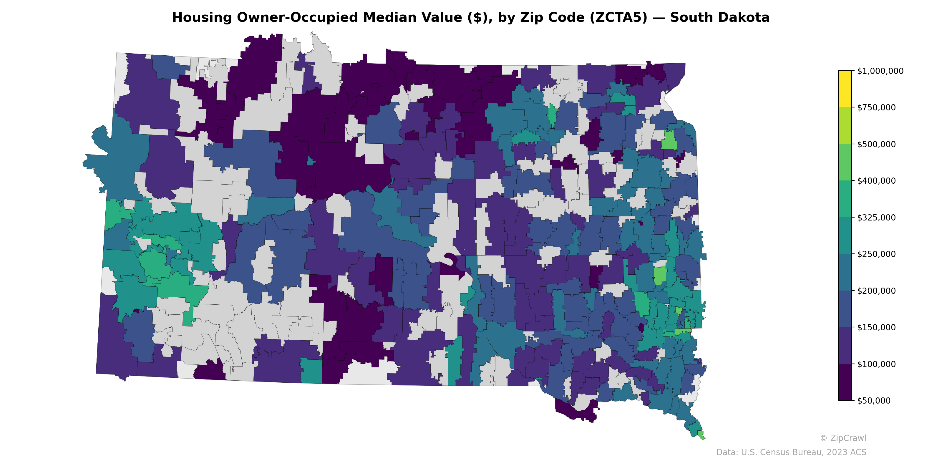Housing Owner-Occupied Median Value ($), by Zip Code (ZCTA5) — South Dakota