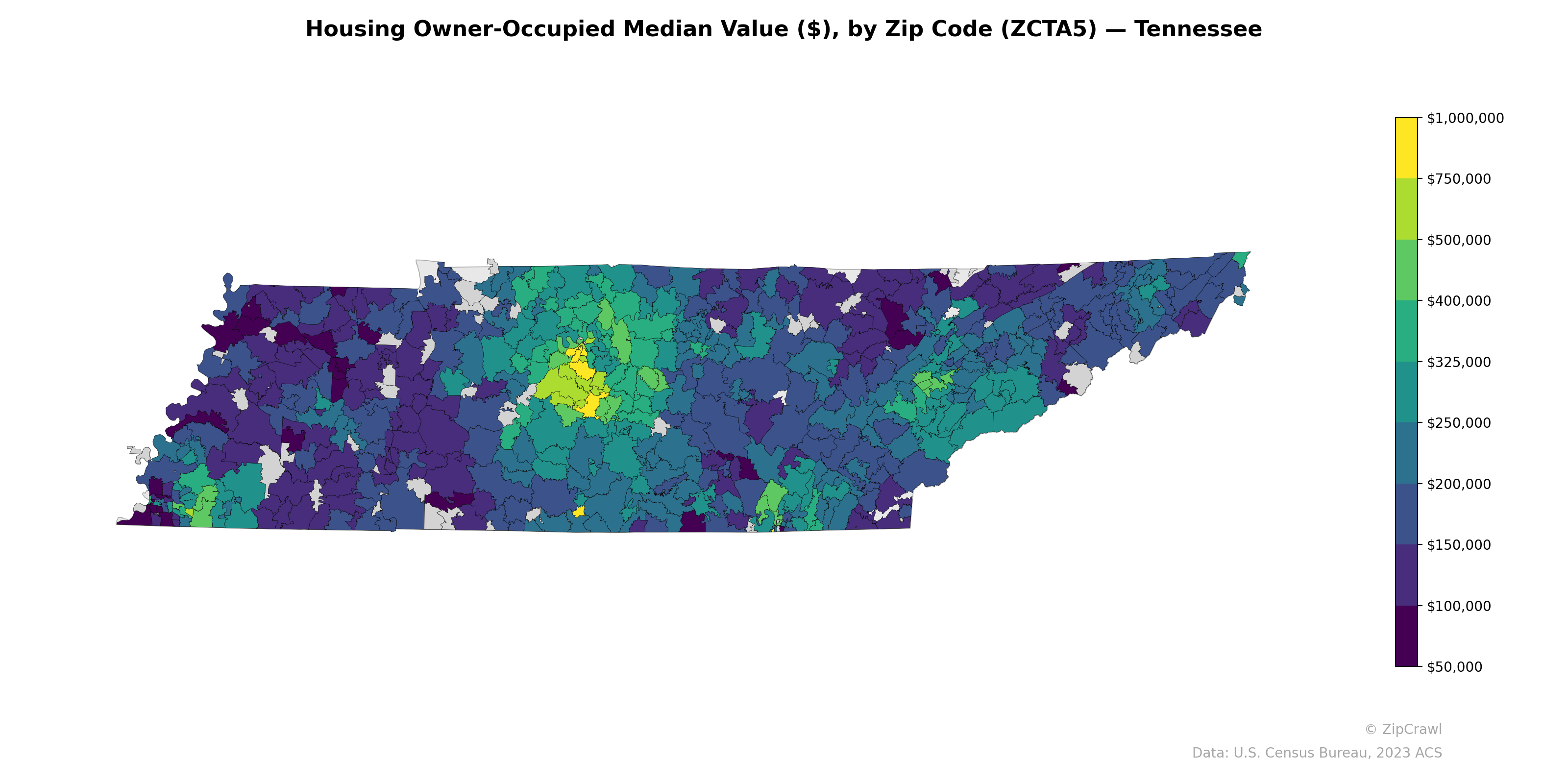 Housing Owner-Occupied Median Value ($), by Zip Code (ZCTA5) — Tennessee