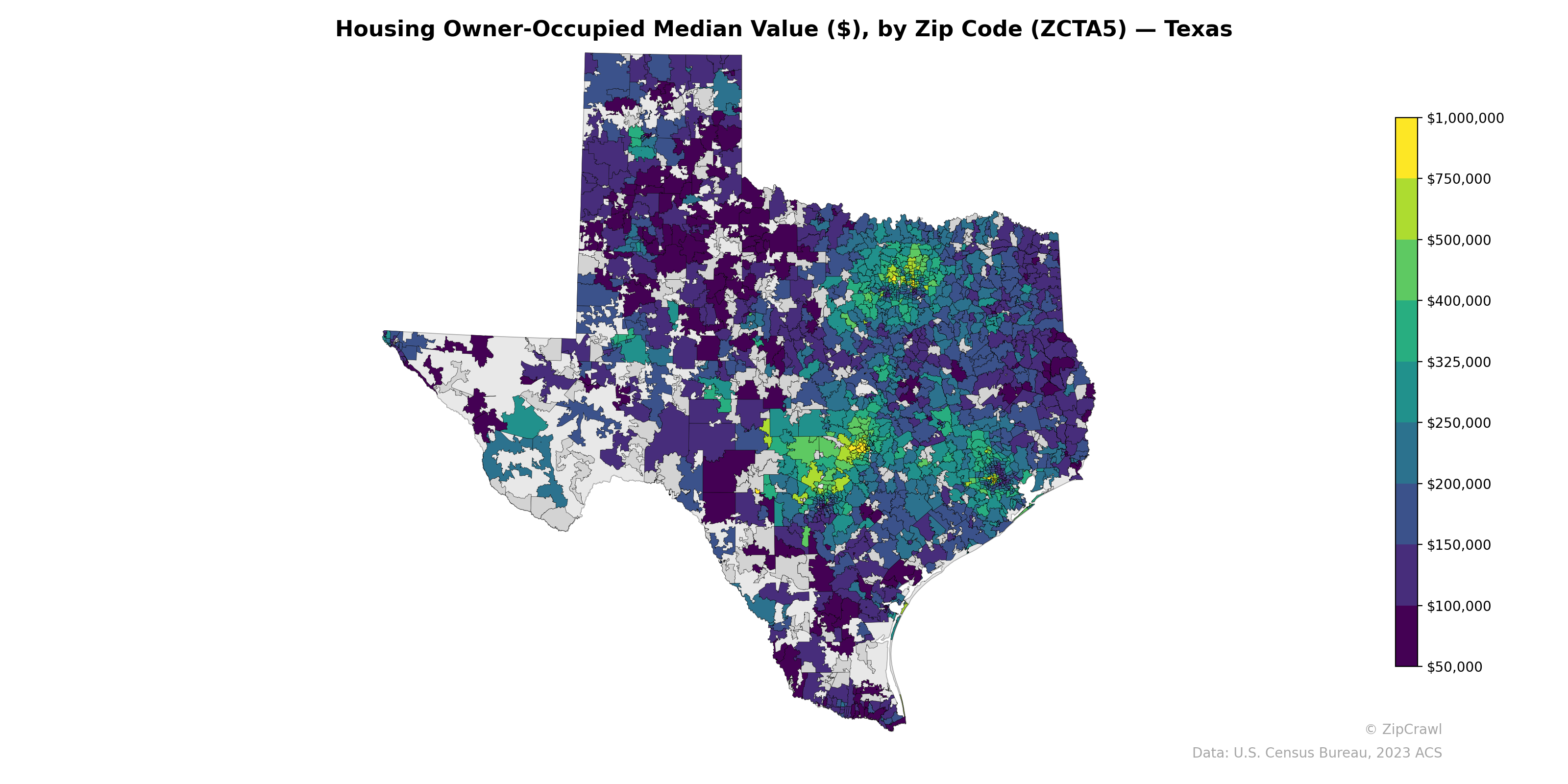 Housing Owner-Occupied Median Value ($), by Zip Code (ZCTA5) — Texas