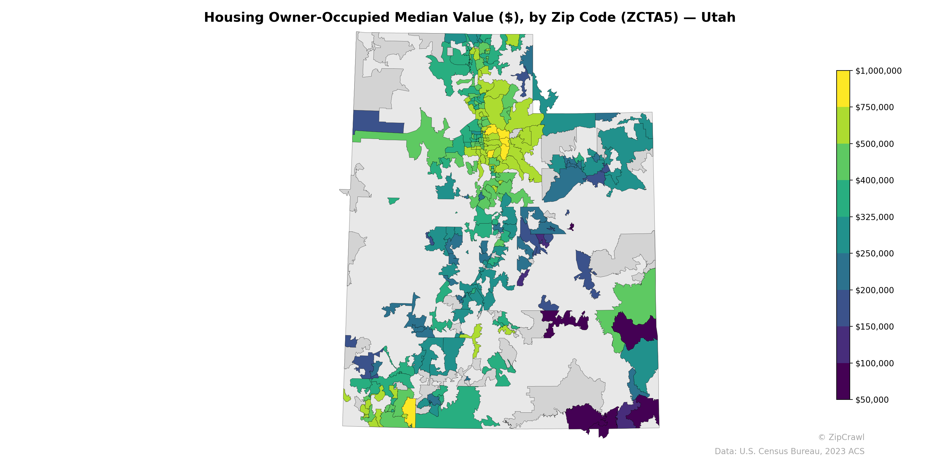 Housing Owner-Occupied Median Value ($), by Zip Code (ZCTA5) — Utah