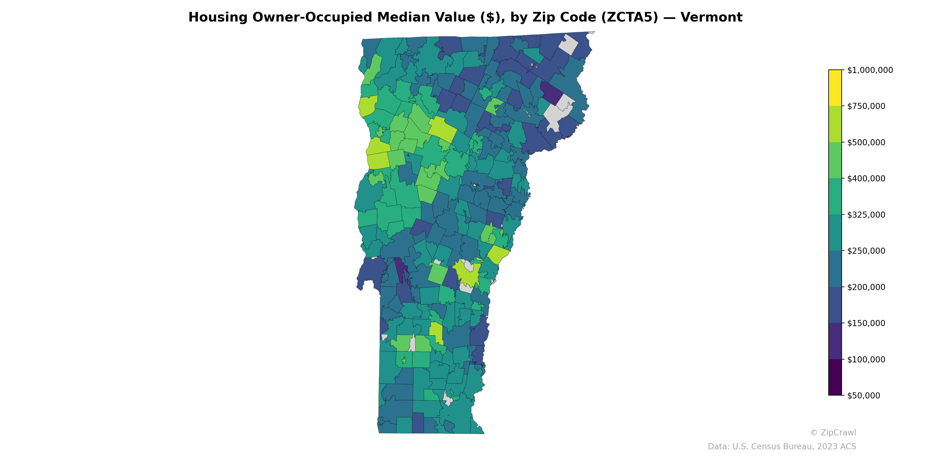 Housing Owner-Occupied Median Value ($), by Zip Code (ZCTA5) — Vermont