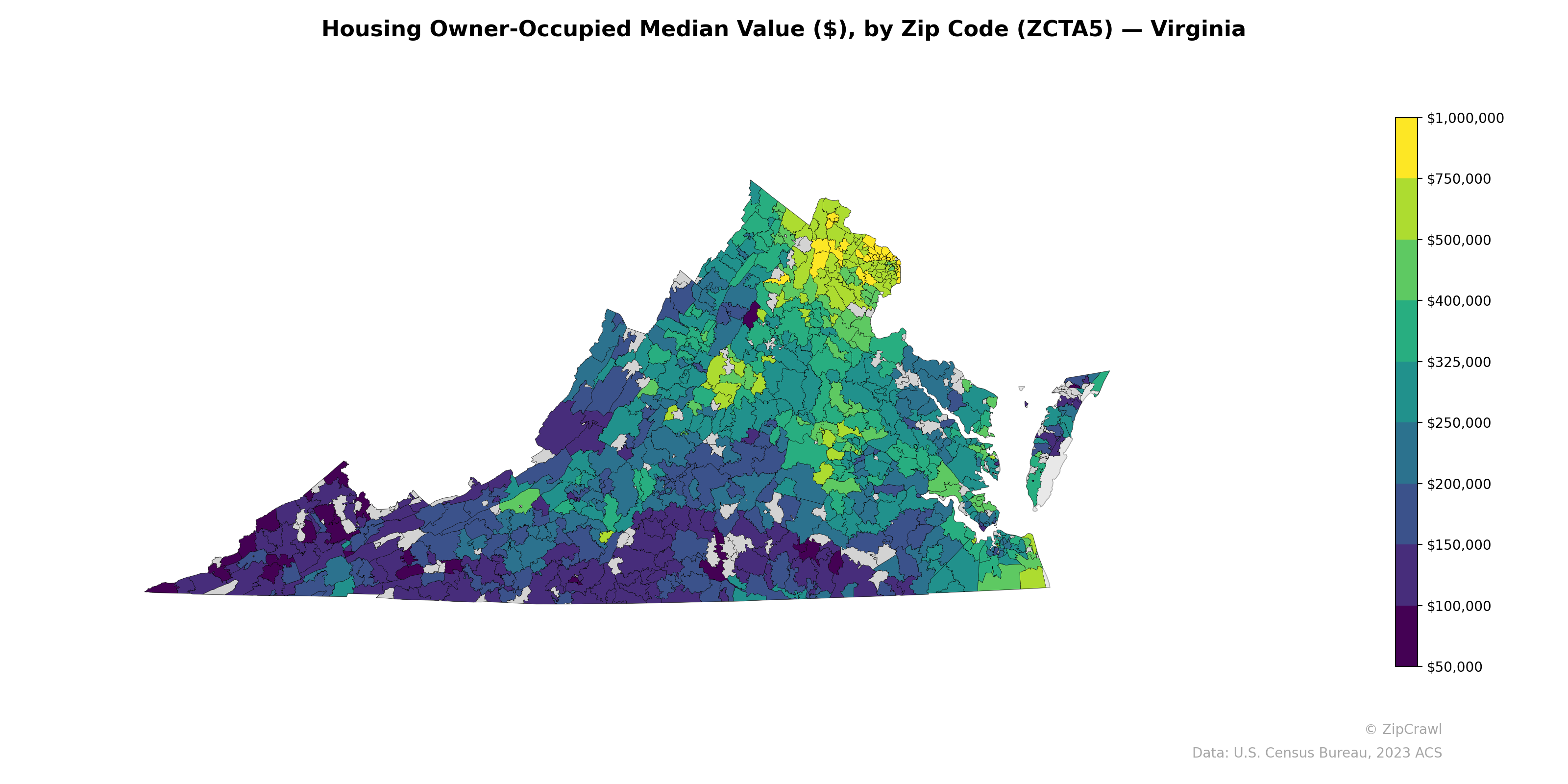 Housing Owner-Occupied Median Value ($), by Zip Code (ZCTA5) — Virginia