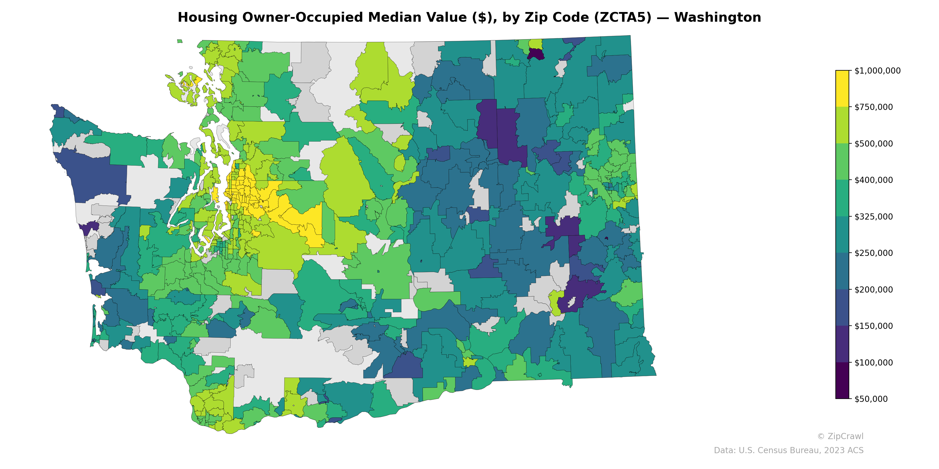 Housing Owner-Occupied Median Value ($), by Zip Code (ZCTA5) — Washington