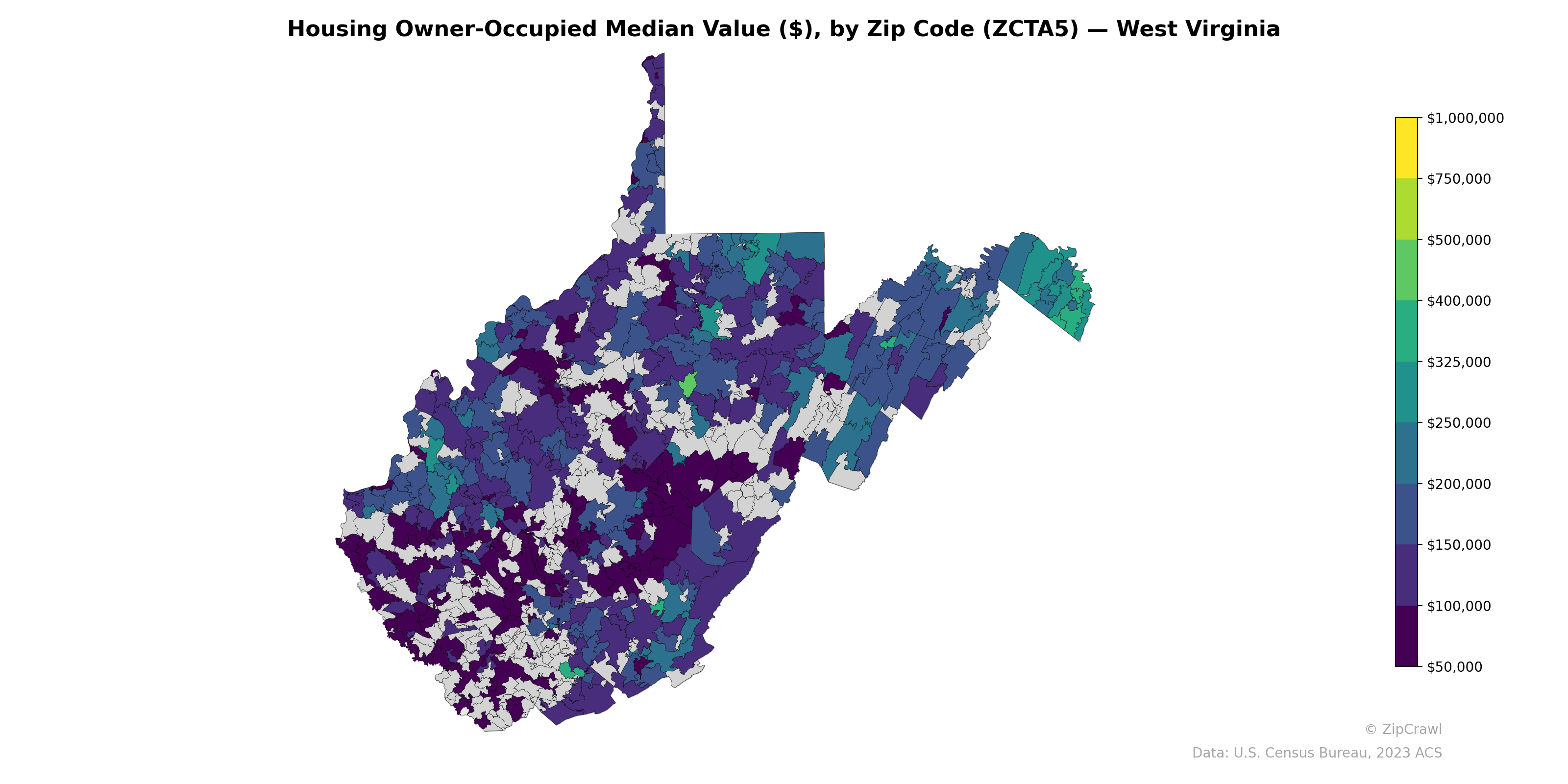 Housing Owner-Occupied Median Value ($), by Zip Code (ZCTA5) — West Virginia
