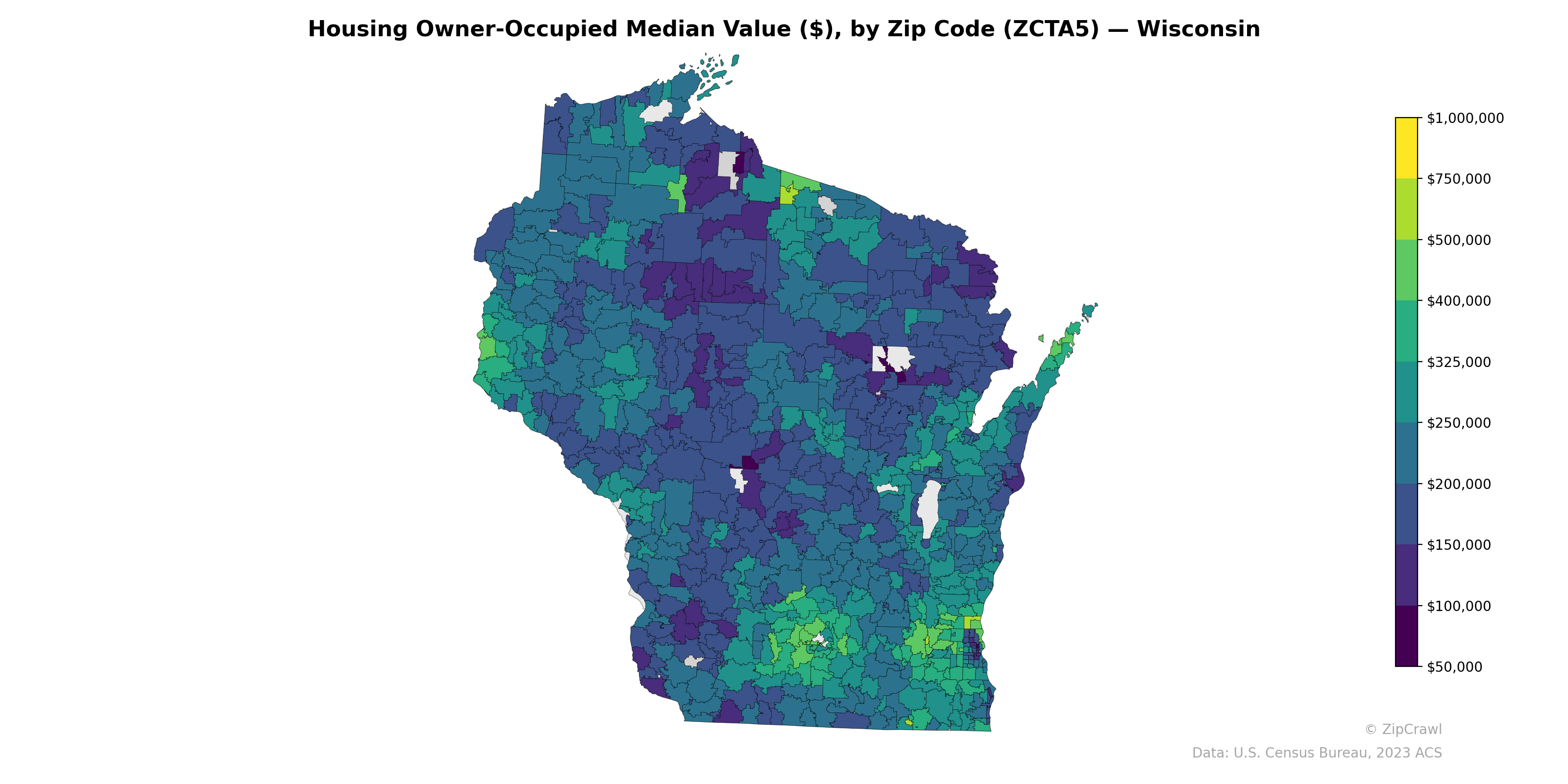 Housing Owner-Occupied Median Value ($), by Zip Code (ZCTA5) — Wisconsin
