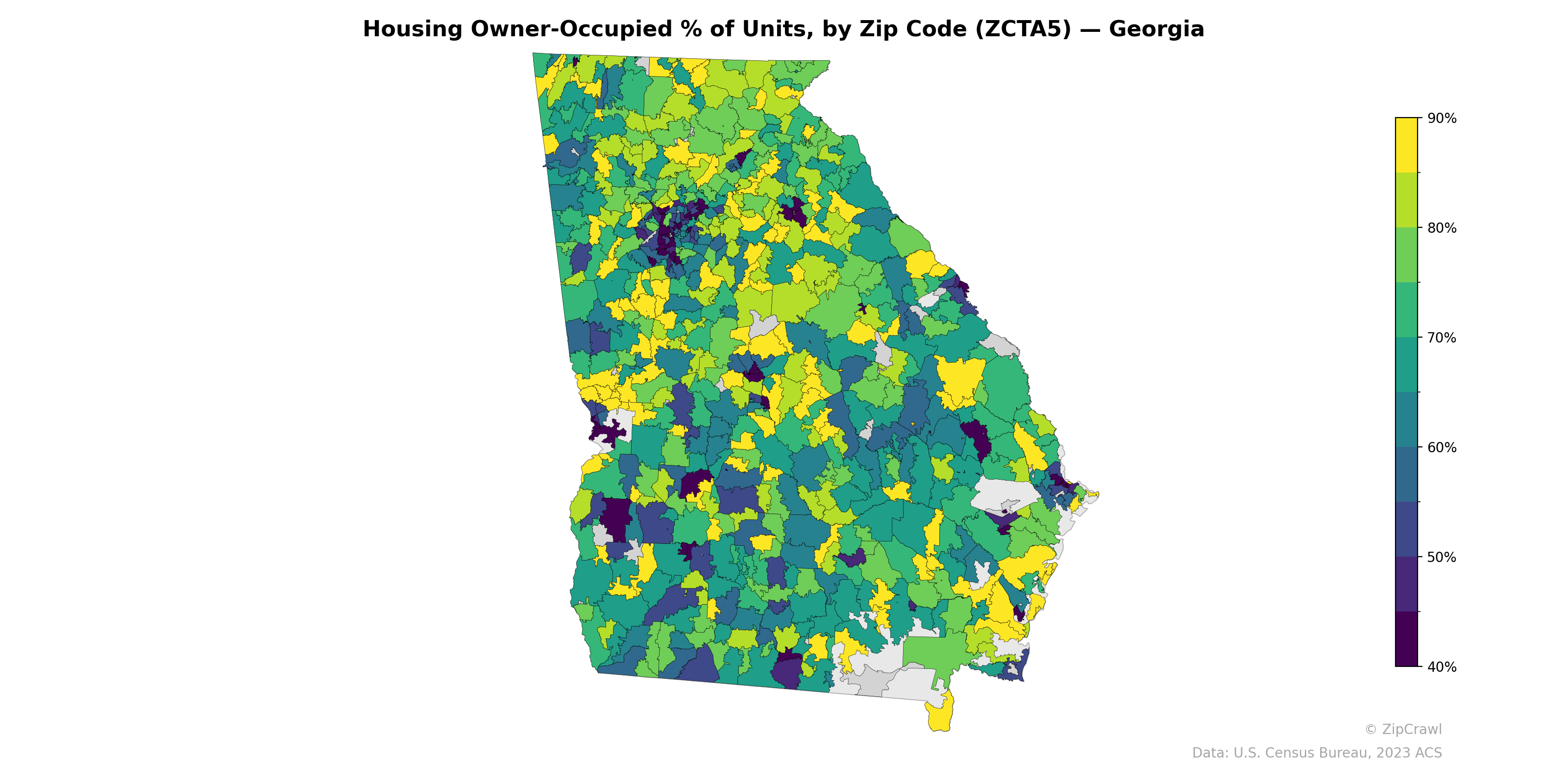 Housing Owner-Occupied % of Units, by Zip Code (ZCTA5) — Georgia
