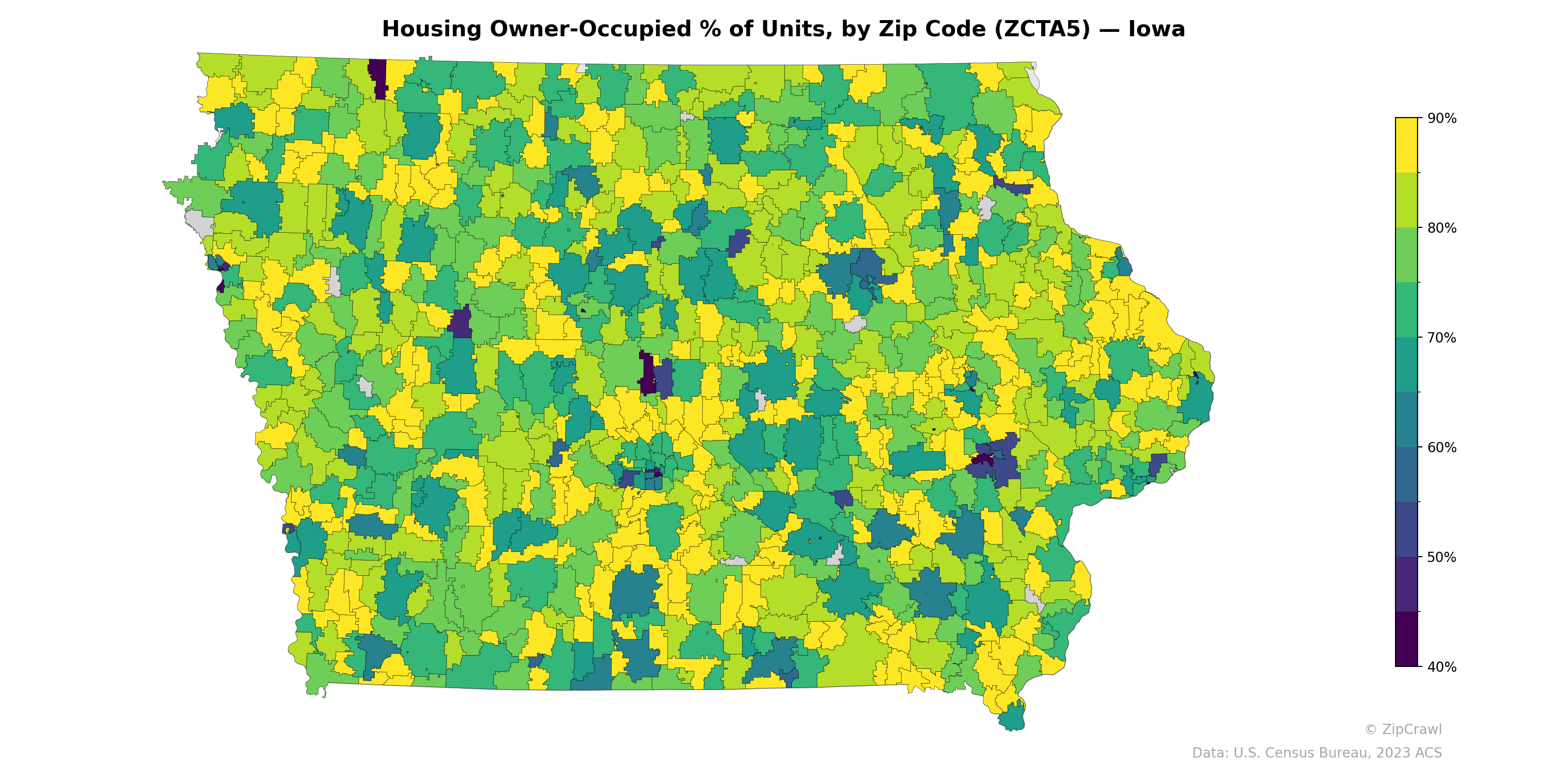 Housing Owner-Occupied % of Units, by Zip Code (ZCTA5) — Iowa