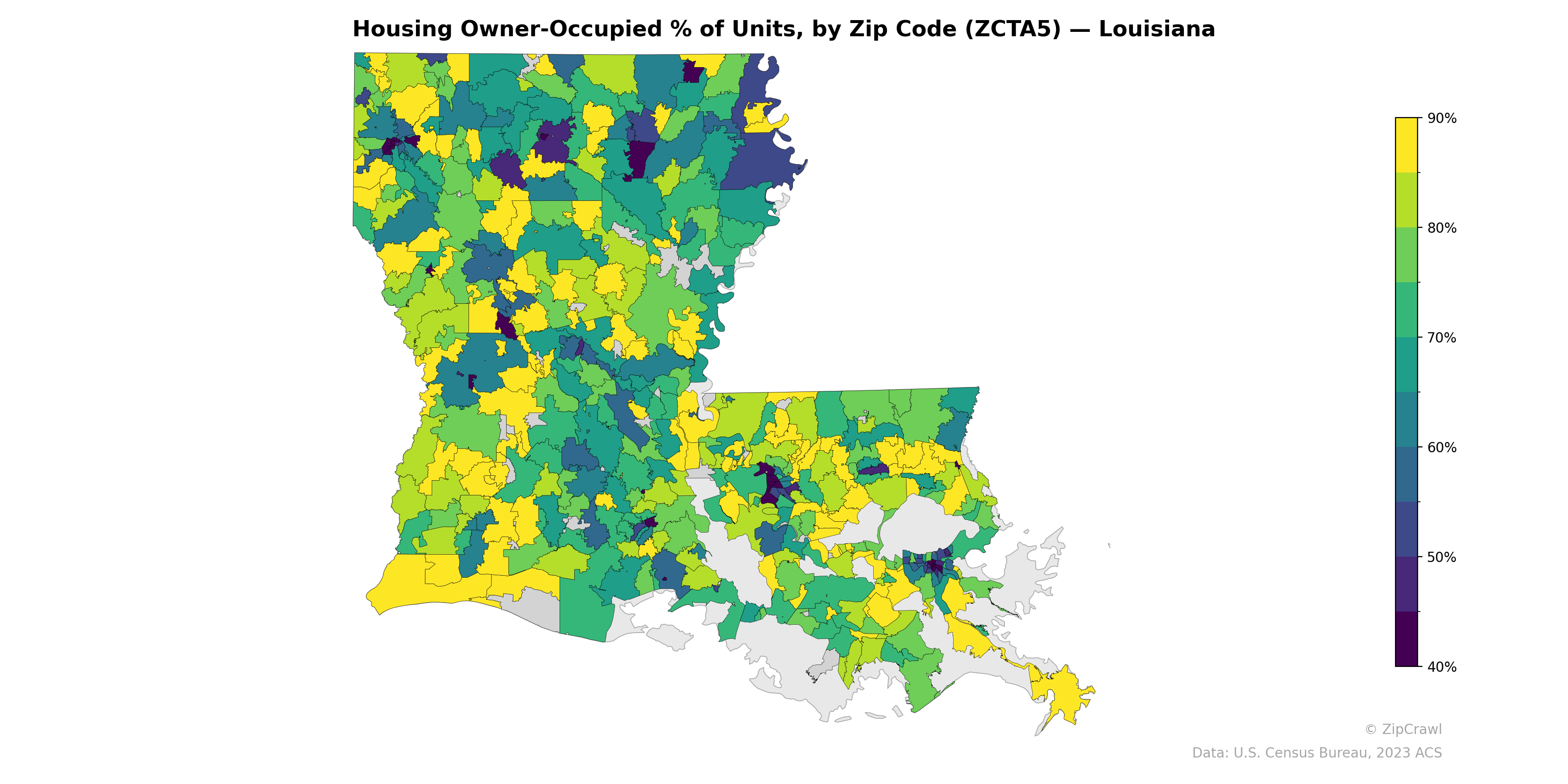 Housing Owner-Occupied % of Units, by Zip Code (ZCTA5) — Louisiana