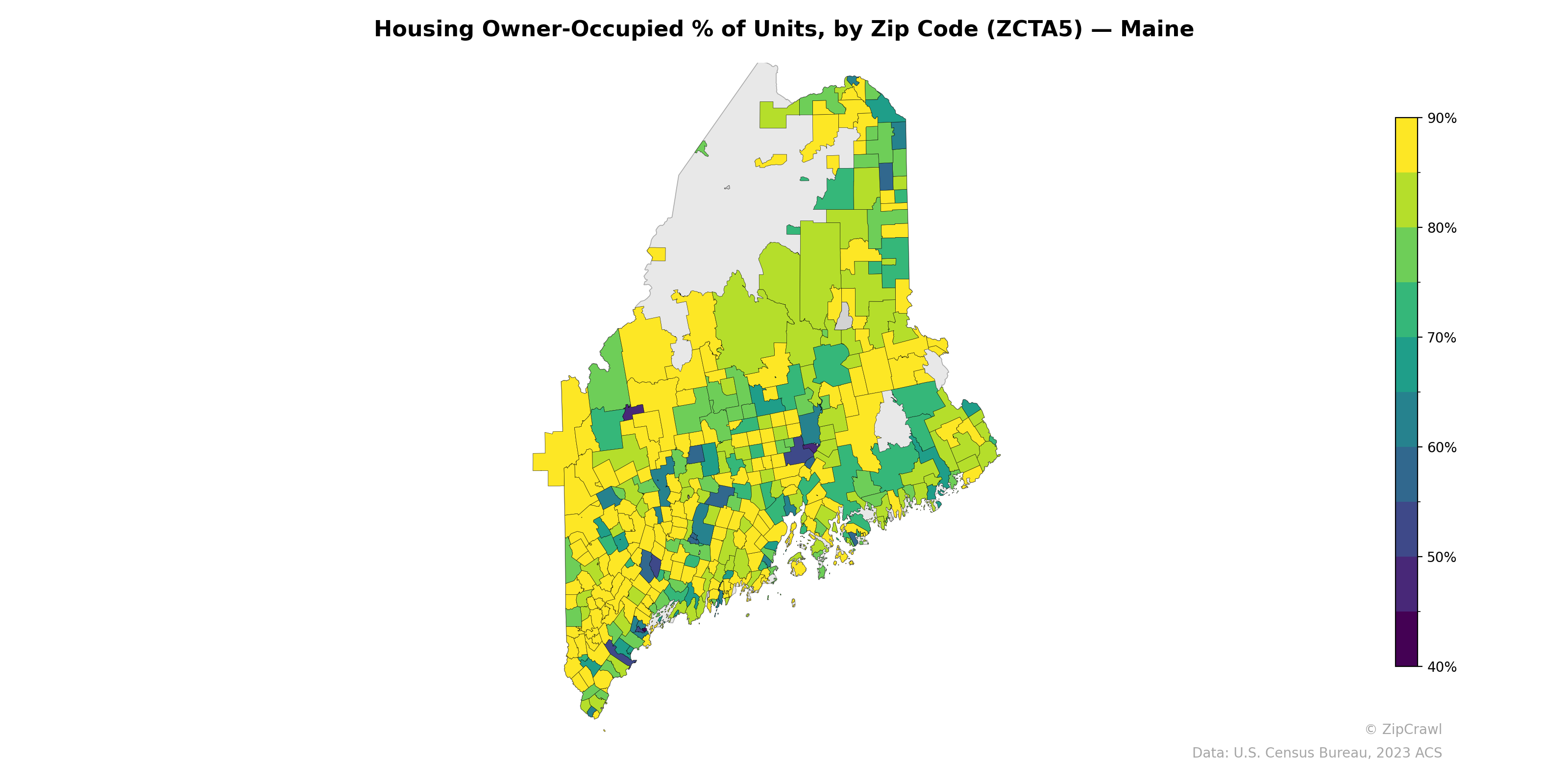 Housing Owner-Occupied % of Units, by Zip Code (ZCTA5) — Maine