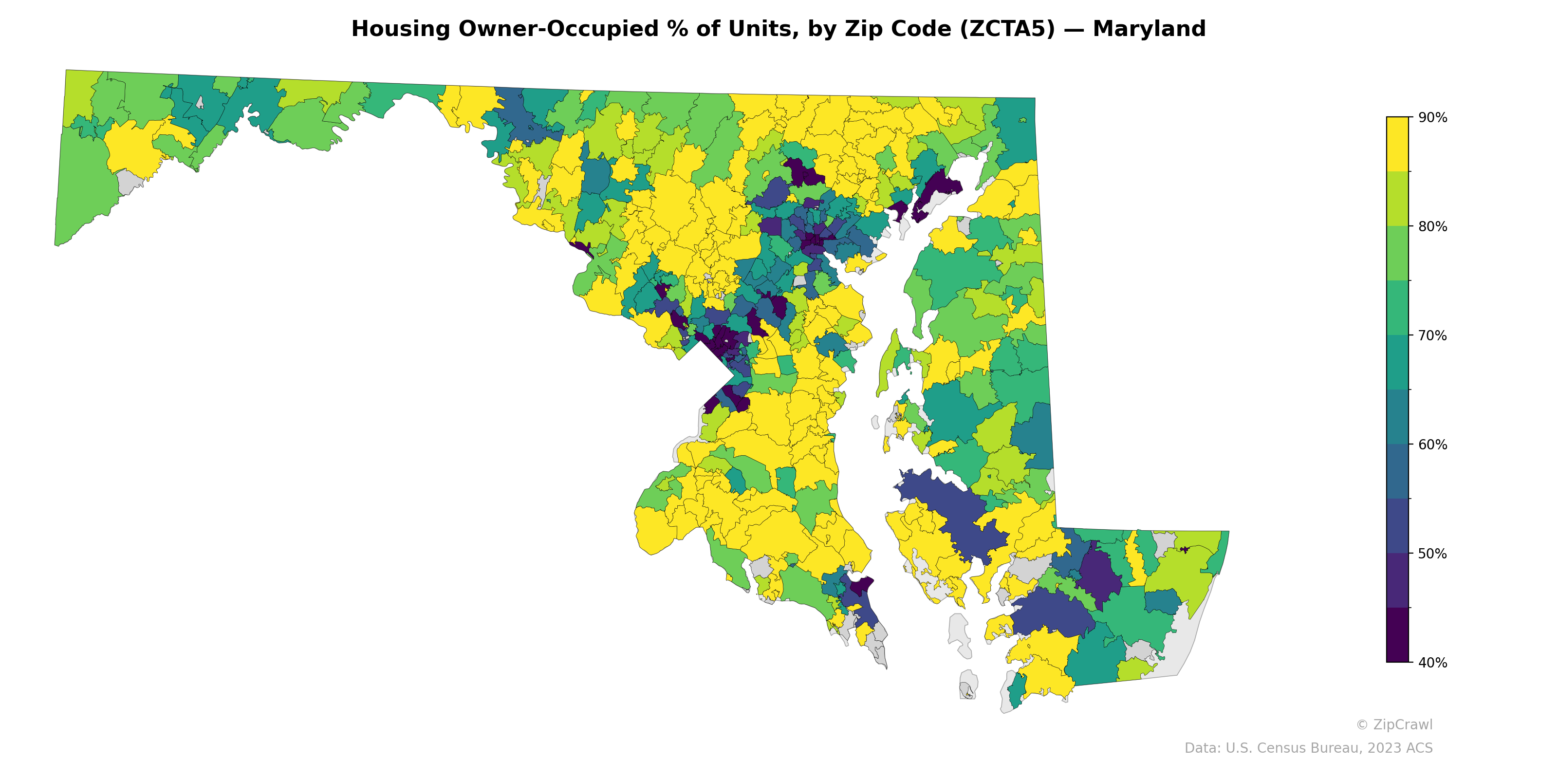 Housing Owner-Occupied % of Units, by Zip Code (ZCTA5) — Maryland