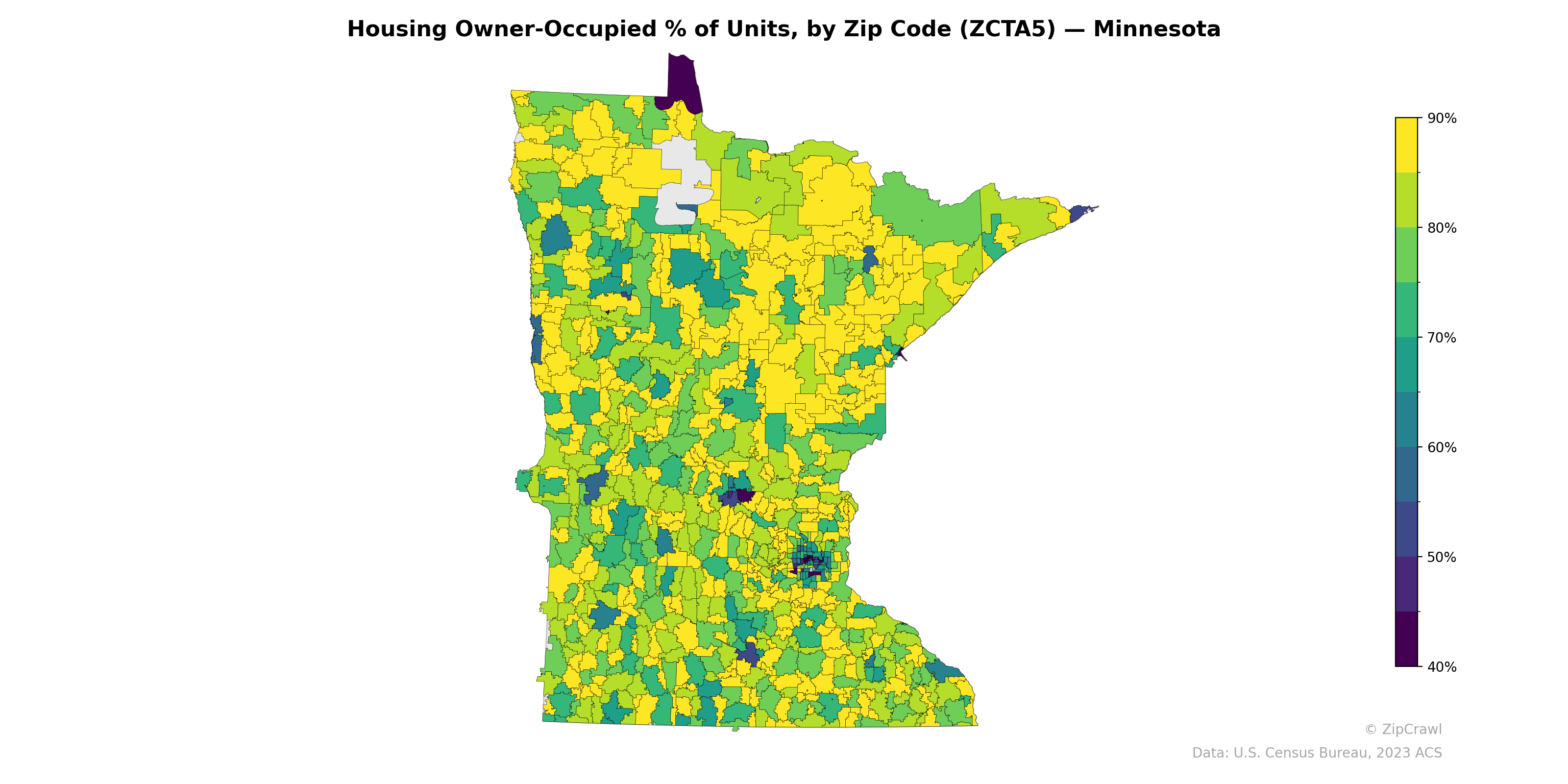 Housing Owner-Occupied % of Units, by Zip Code (ZCTA5) — Minnesota