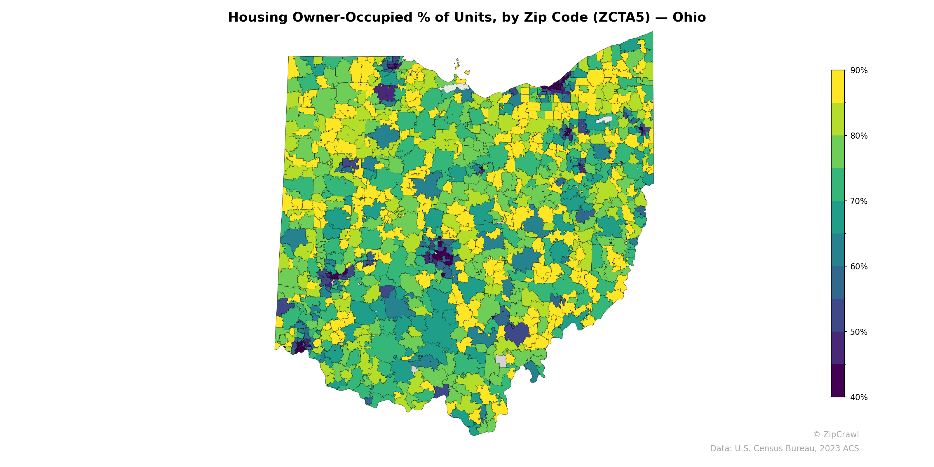 Housing Owner-Occupied % of Units, by Zip Code (ZCTA5) — Ohio