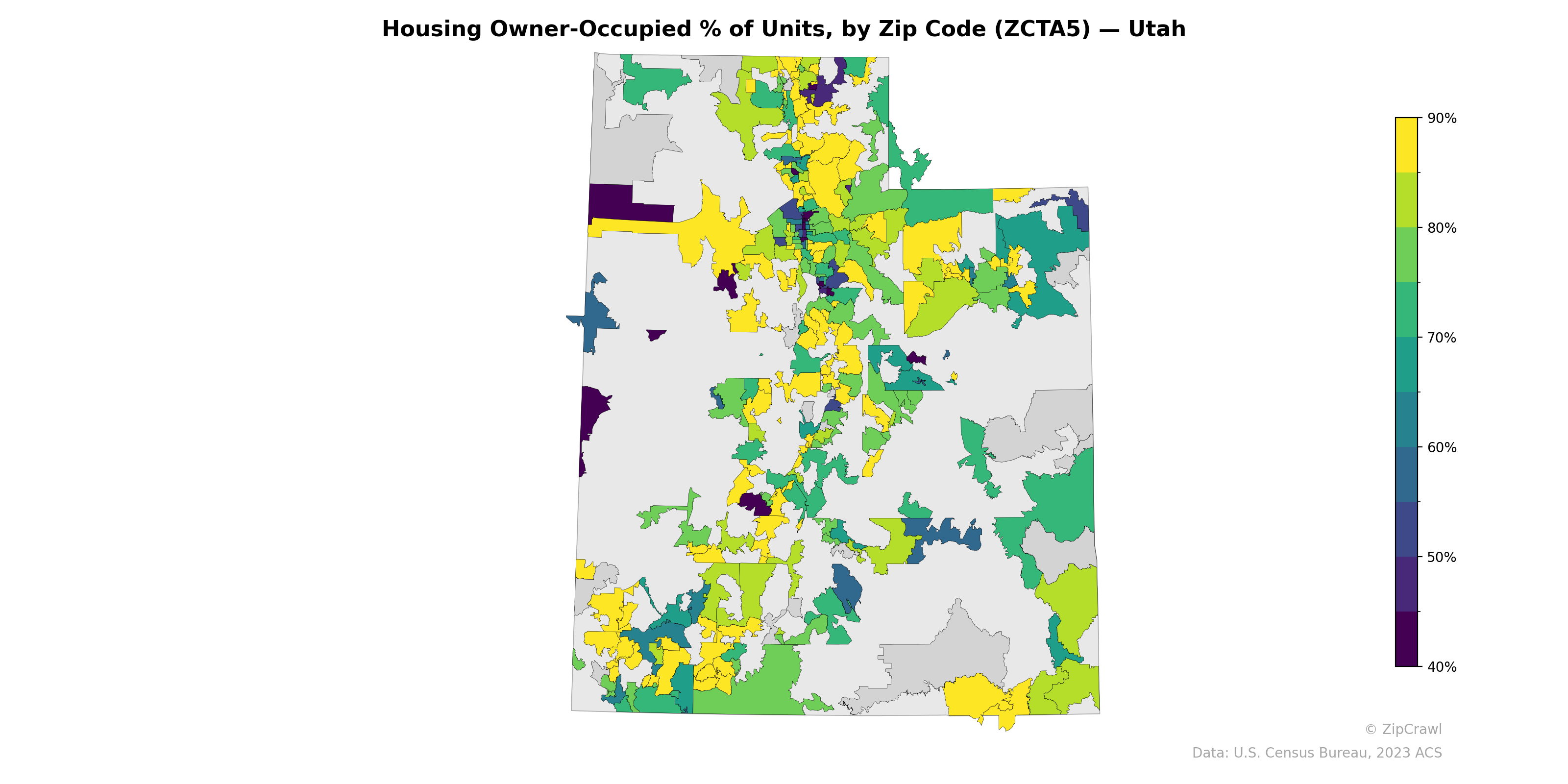 Housing Owner-Occupied % of Units, by Zip Code (ZCTA5) — Utah