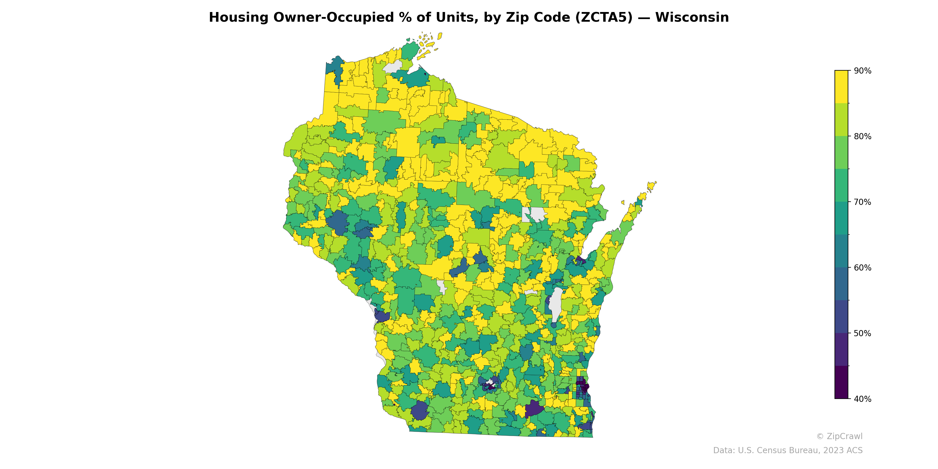 Housing Owner-Occupied % of Units, by Zip Code (ZCTA5) — Wisconsin