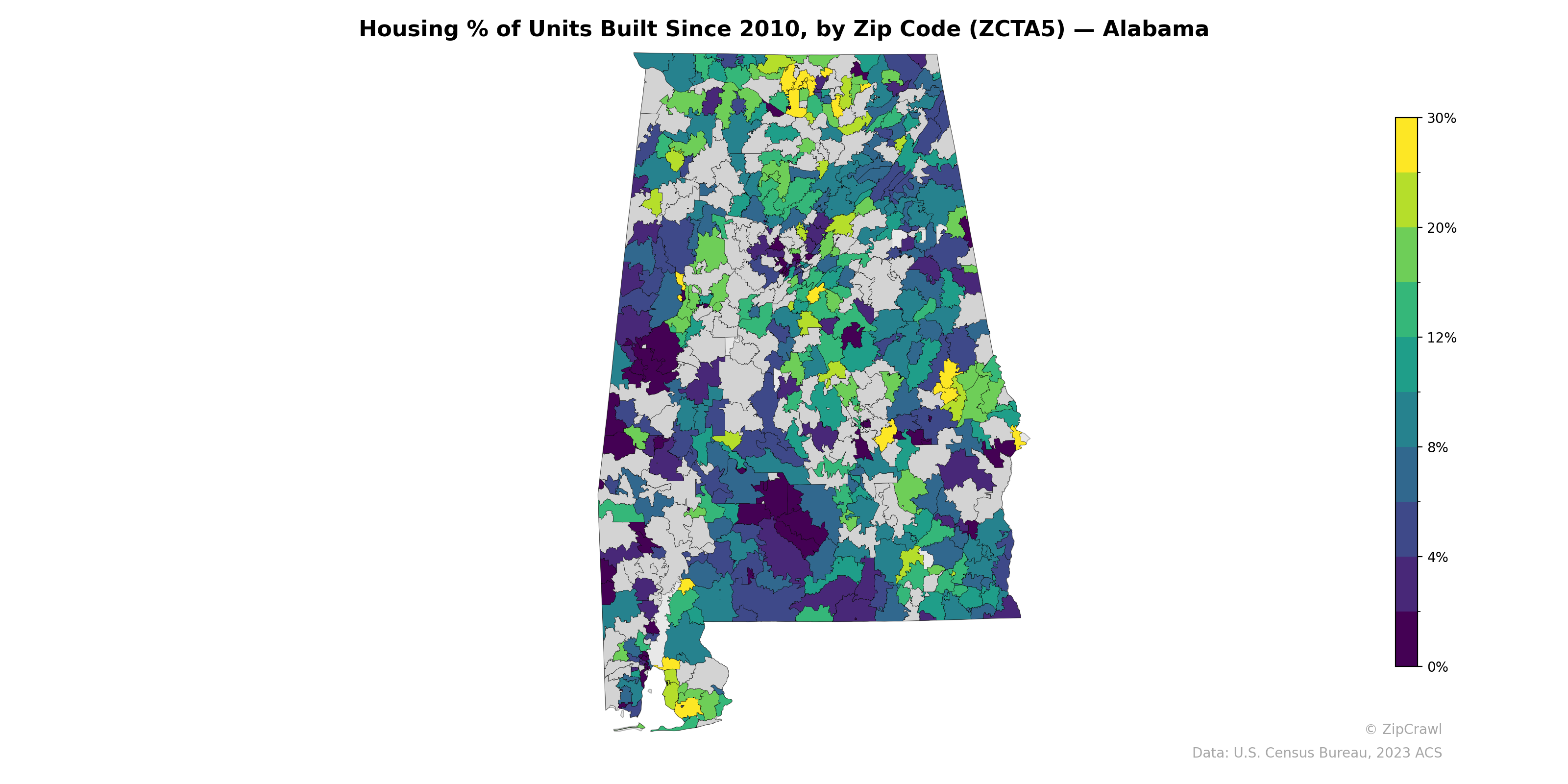 Housing % of Units Built Since 2010, by Zip Code (ZCTA5) — Alabama