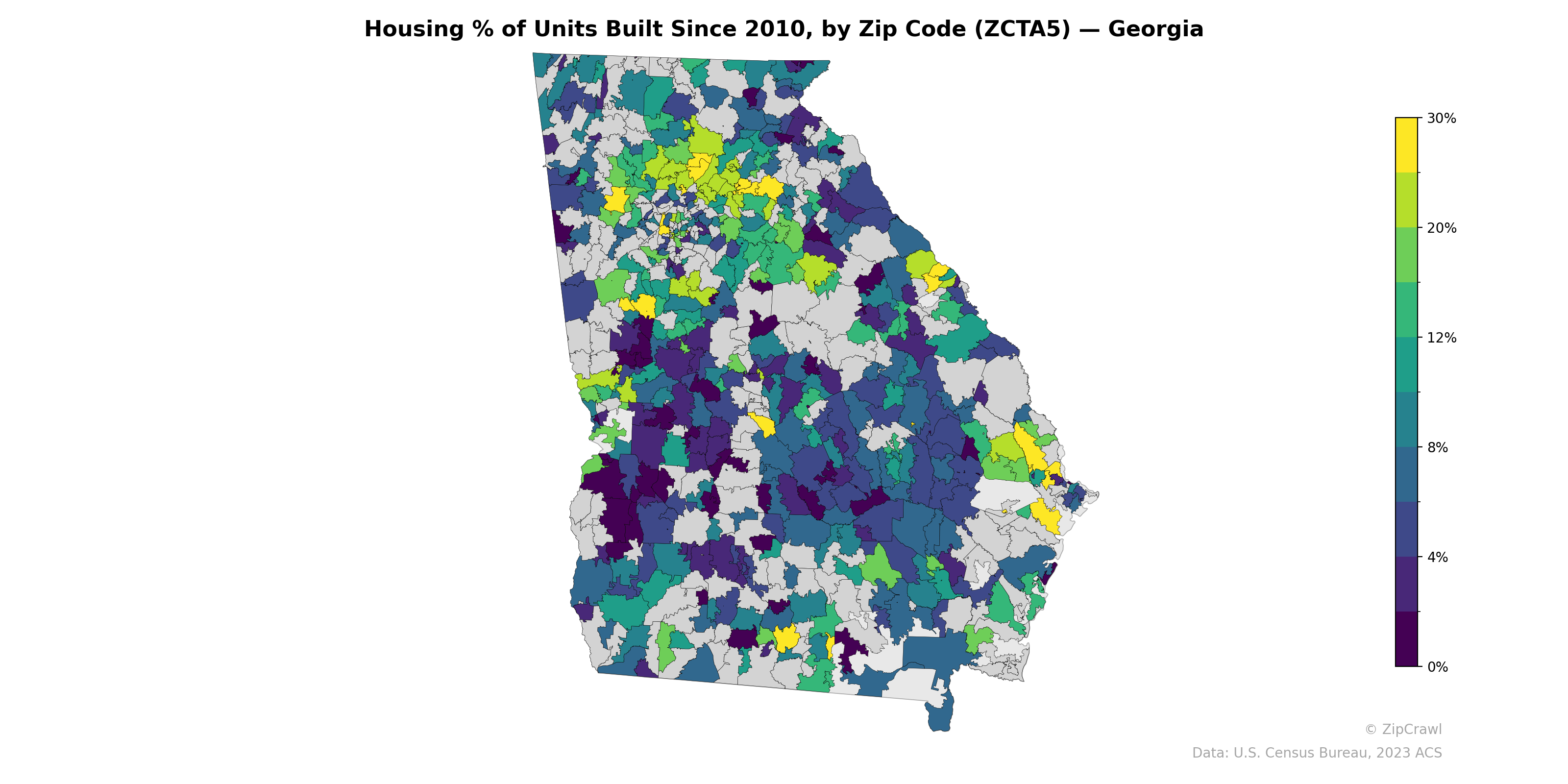 Housing % of Units Built Since 2010, by Zip Code (ZCTA5) — Georgia