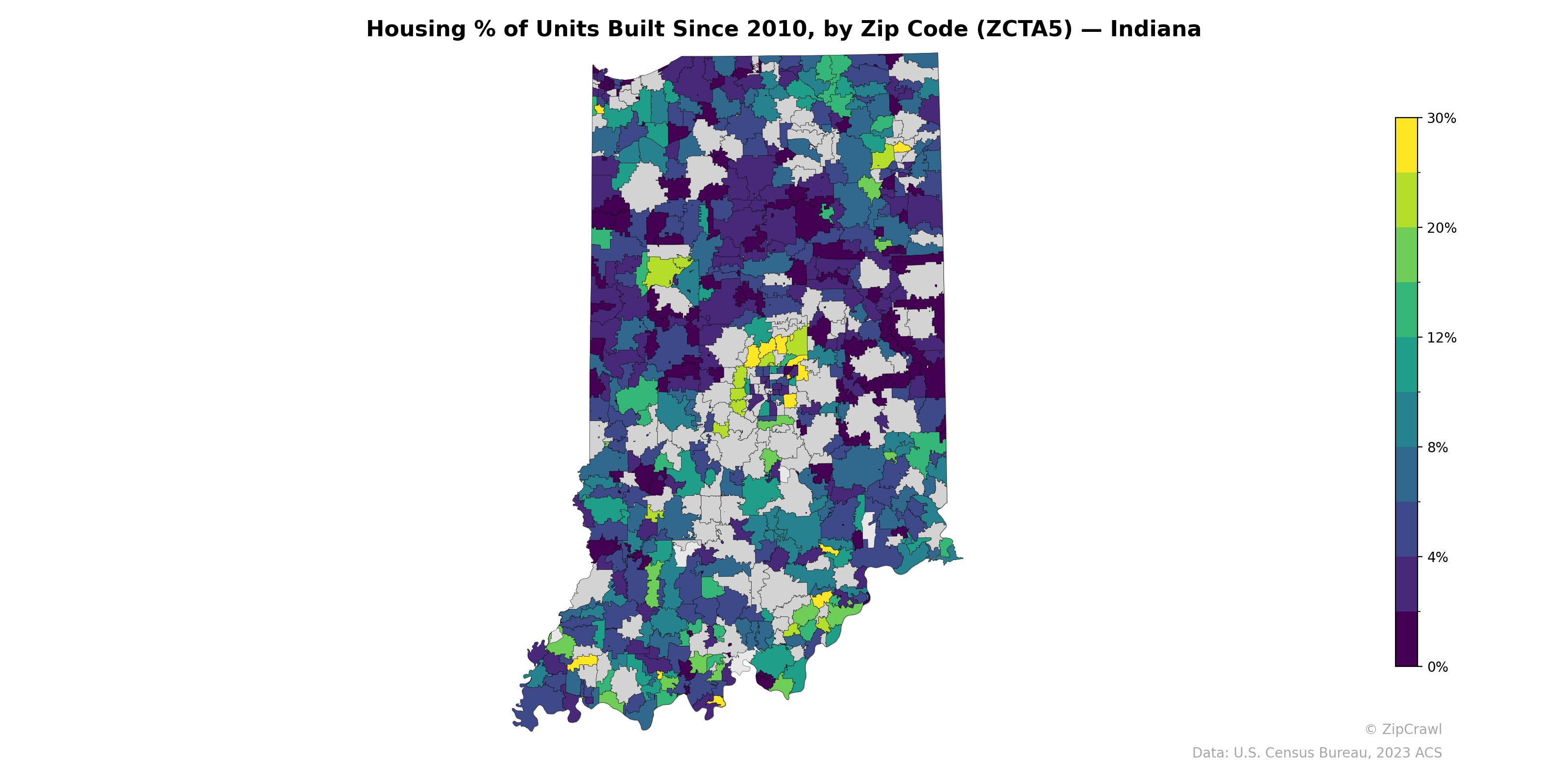 Housing % of Units Built Since 2010, by Zip Code (ZCTA5) — Indiana