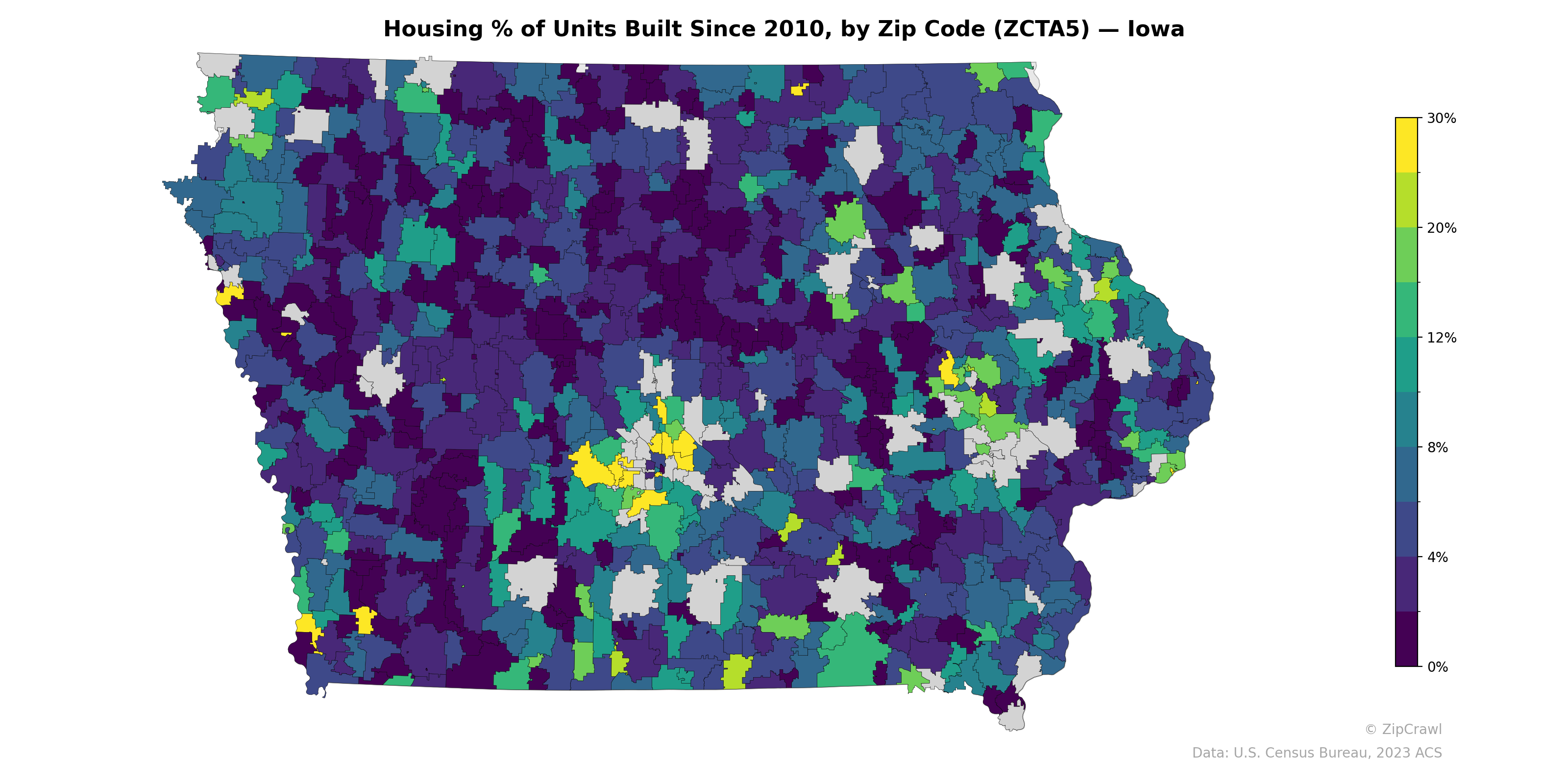 Housing % of Units Built Since 2010, by Zip Code (ZCTA5) — Iowa
