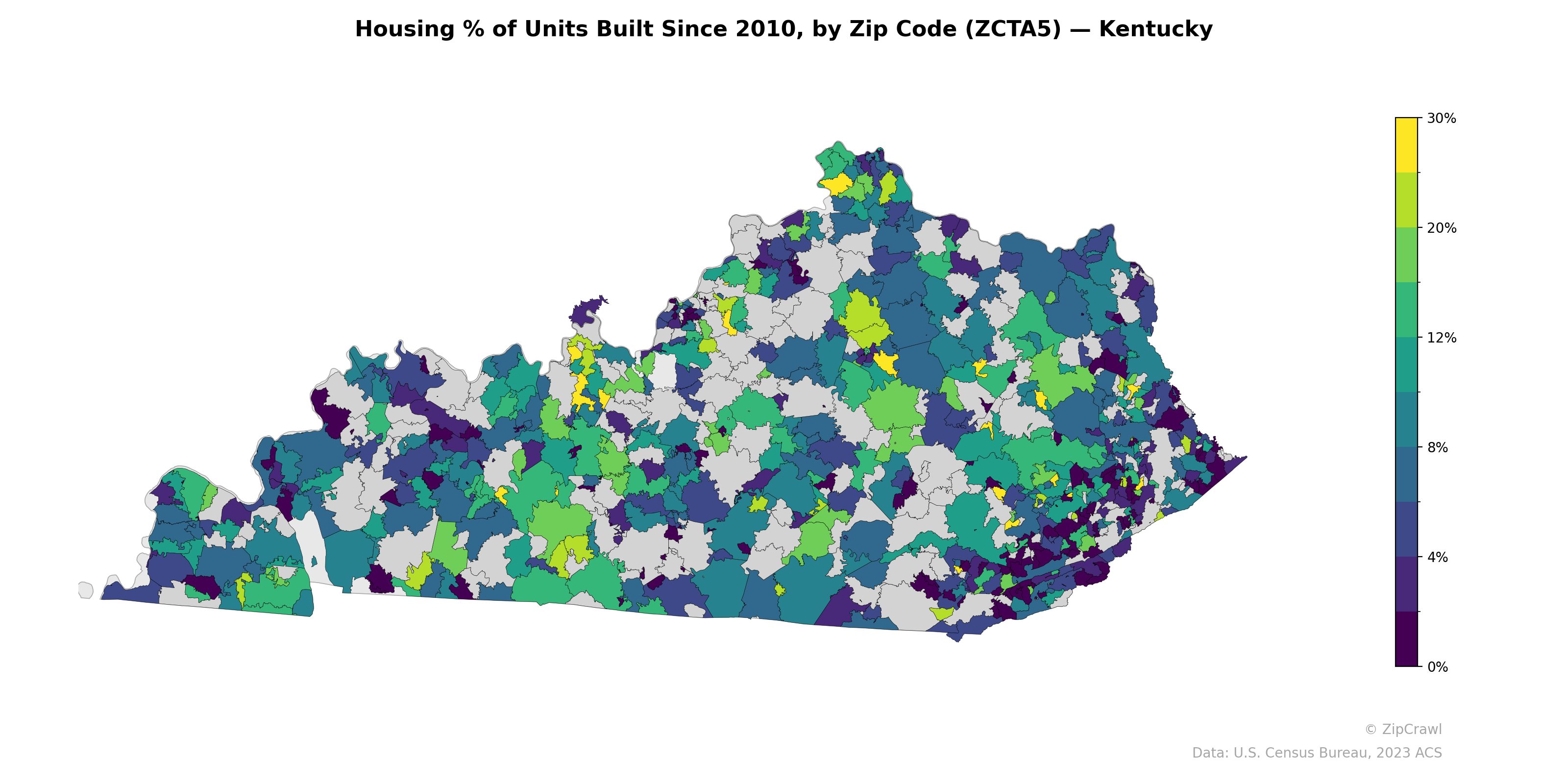 Housing % of Units Built Since 2010, by Zip Code (ZCTA5) — Kentucky
