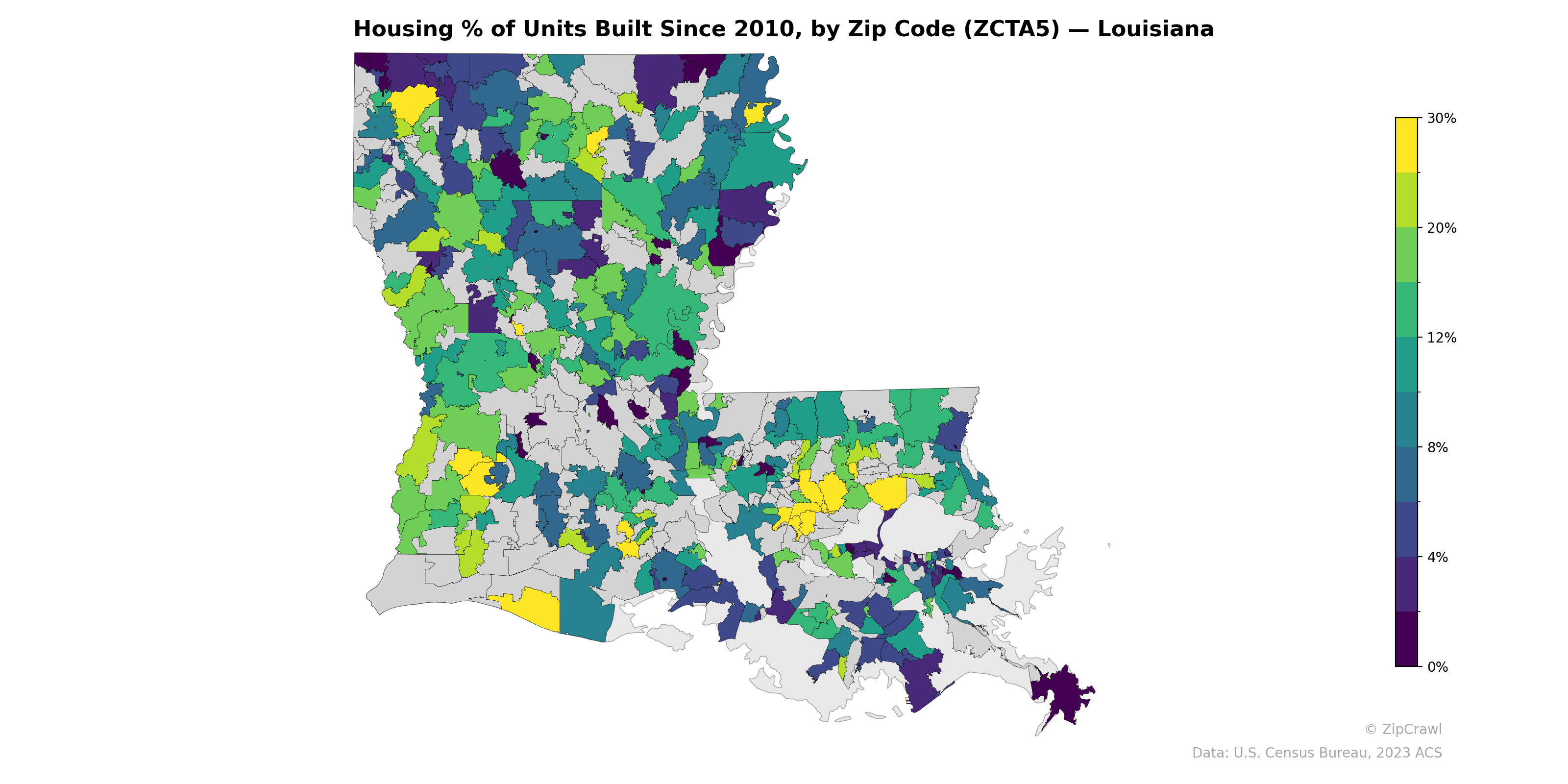 Housing % of Units Built Since 2010, by Zip Code (ZCTA5) — Louisiana