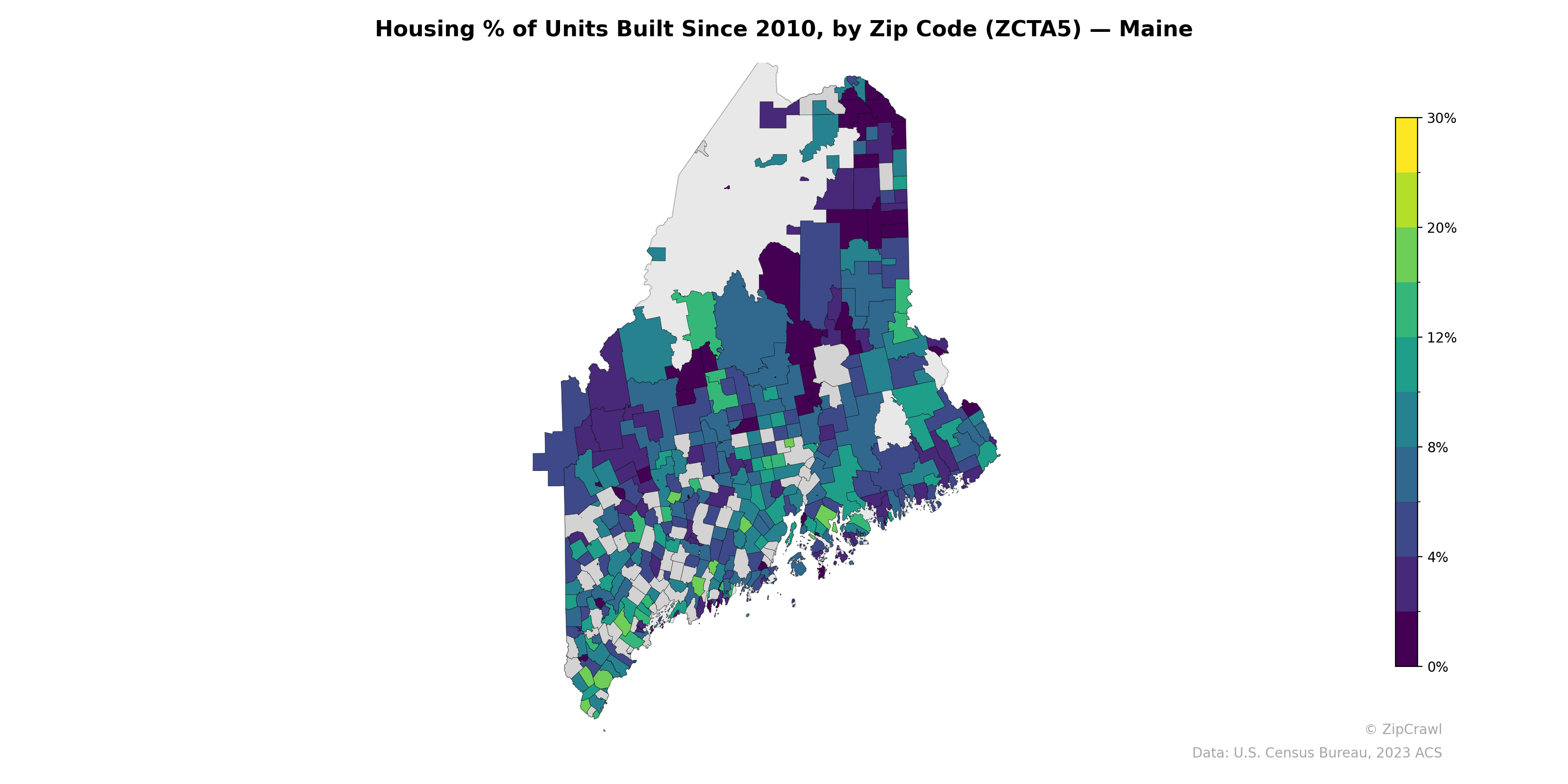 Housing % of Units Built Since 2010, by Zip Code (ZCTA5) — Maine