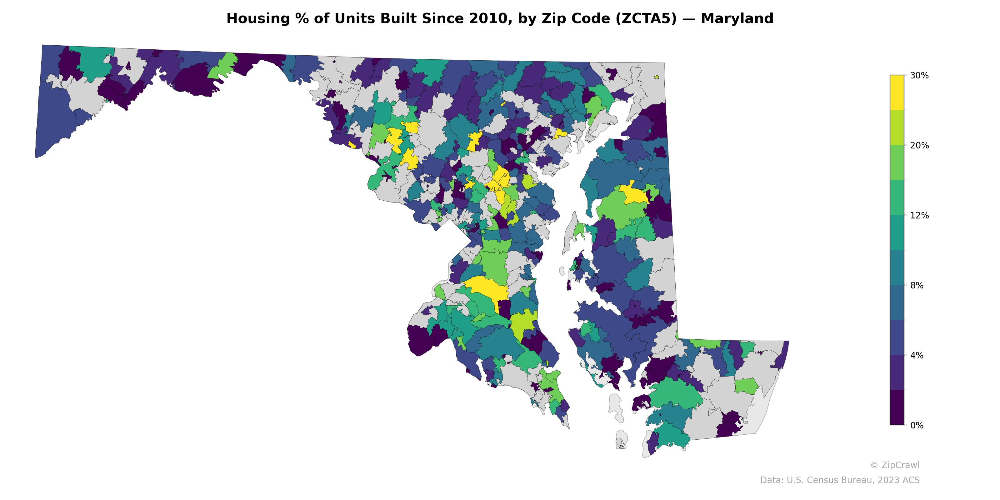 Housing % of Units Built Since 2010, by Zip Code (ZCTA5) — Maryland