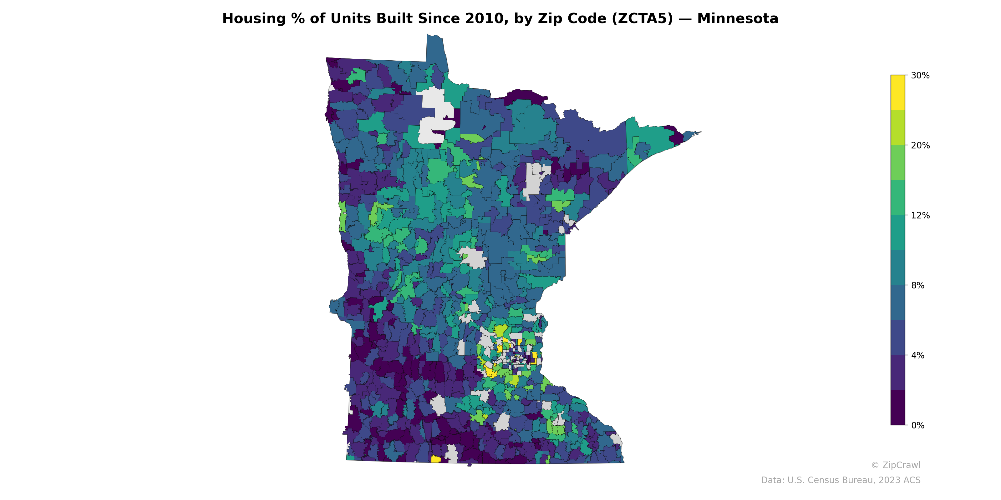 Housing % of Units Built Since 2010, by Zip Code (ZCTA5) — Minnesota