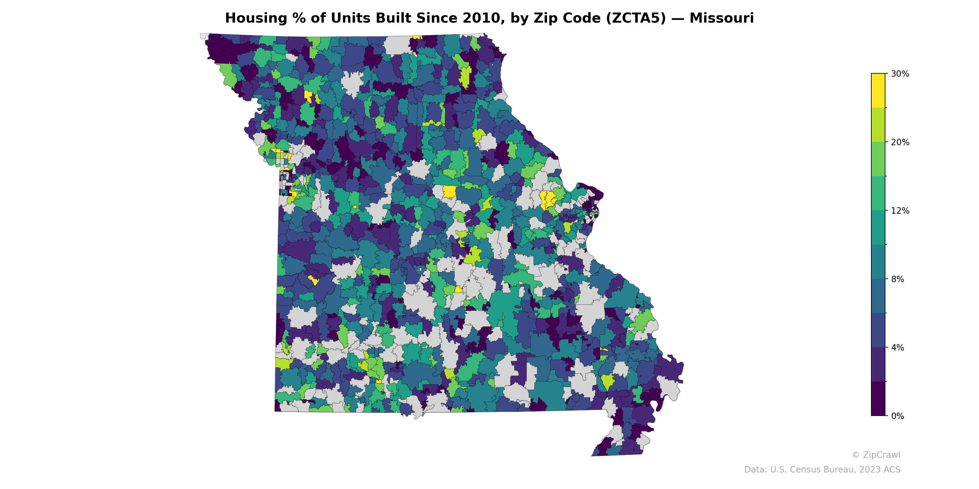 Housing % of Units Built Since 2010, by Zip Code (ZCTA5) — Missouri