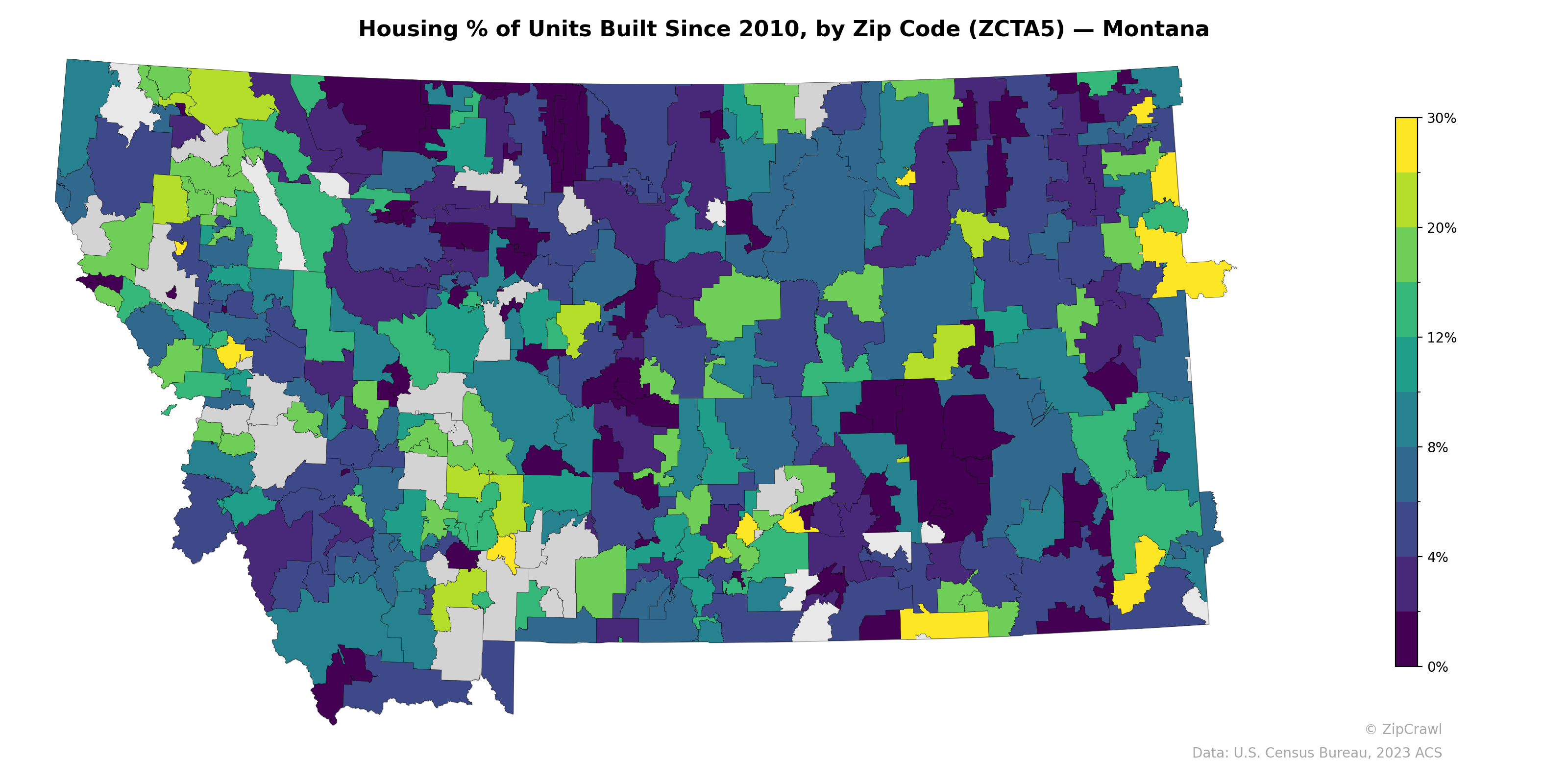 Housing % of Units Built Since 2010, by Zip Code (ZCTA5) — Montana