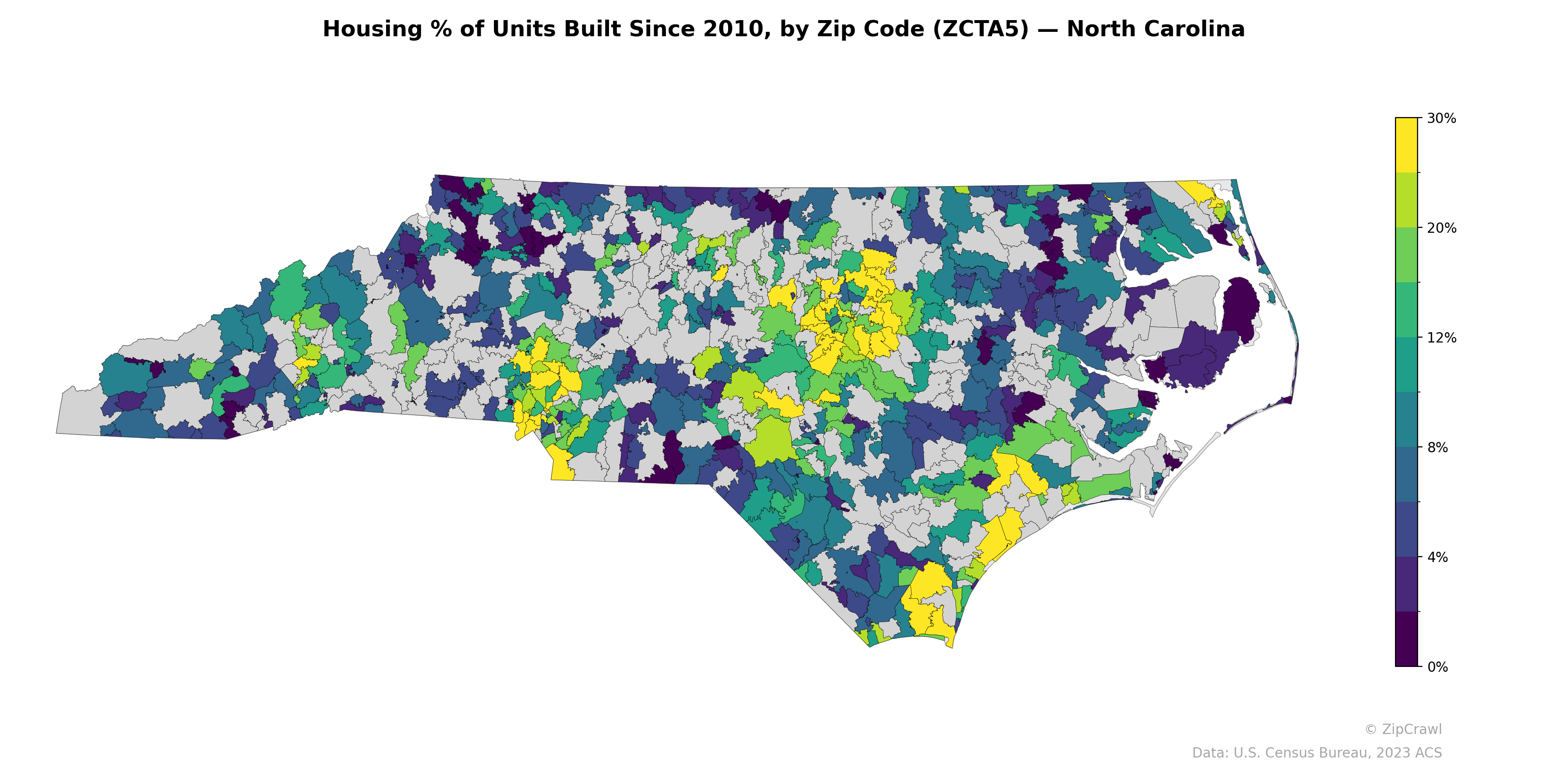 Housing % of Units Built Since 2010, by Zip Code (ZCTA5) — North Carolina