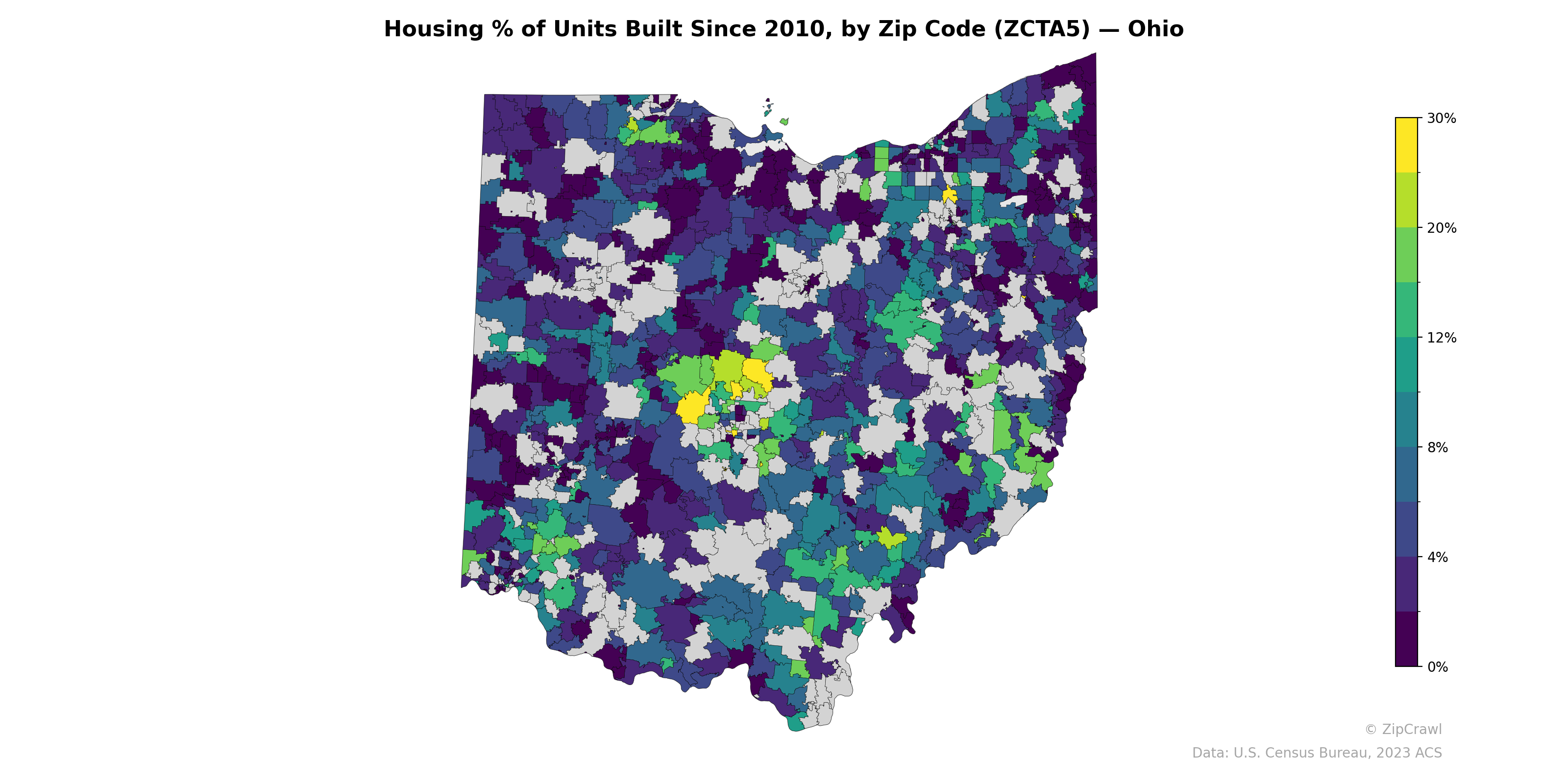 Housing % of Units Built Since 2010, by Zip Code (ZCTA5) — Ohio