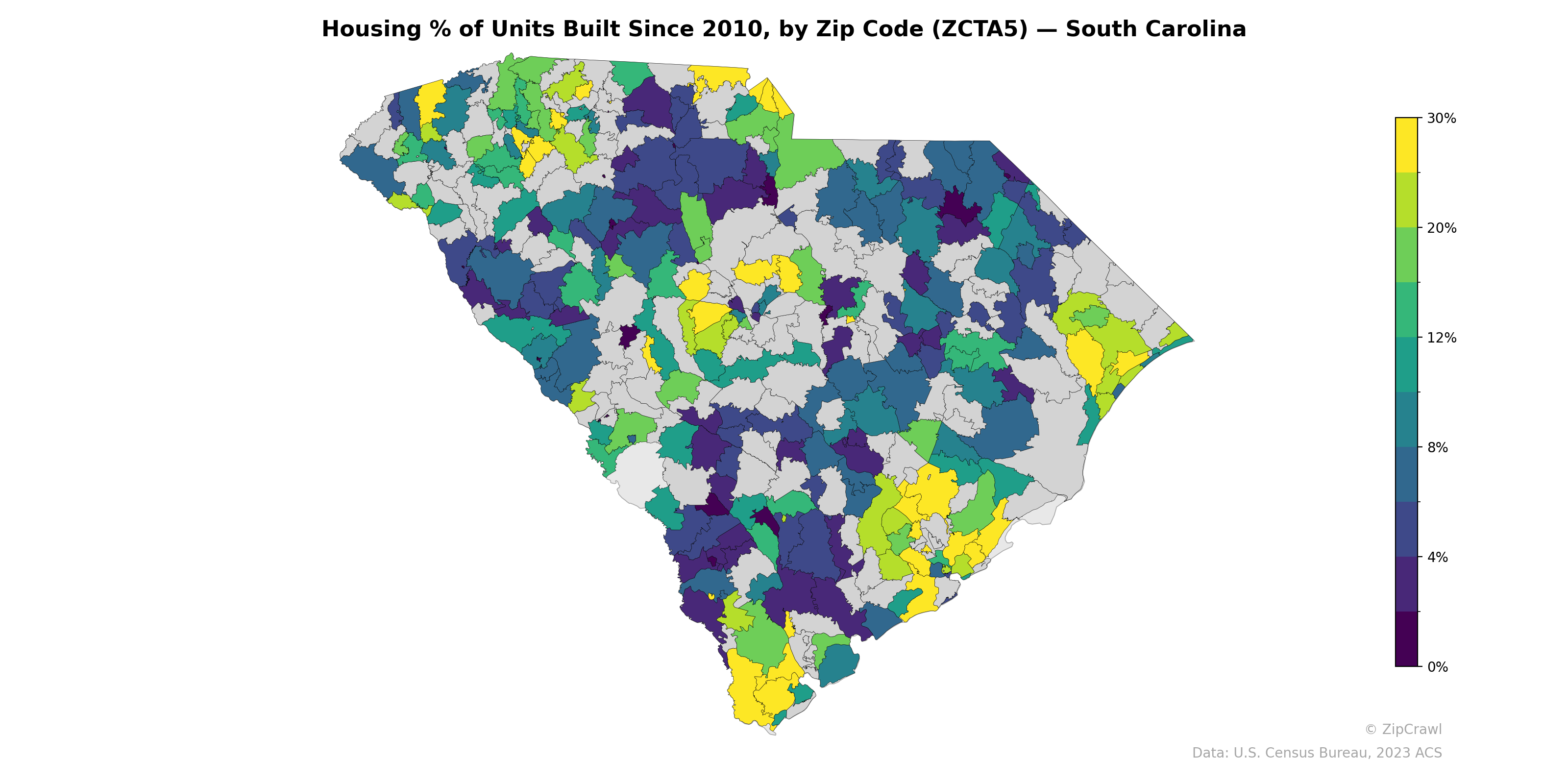 Housing % of Units Built Since 2010, by Zip Code (ZCTA5) — South Carolina