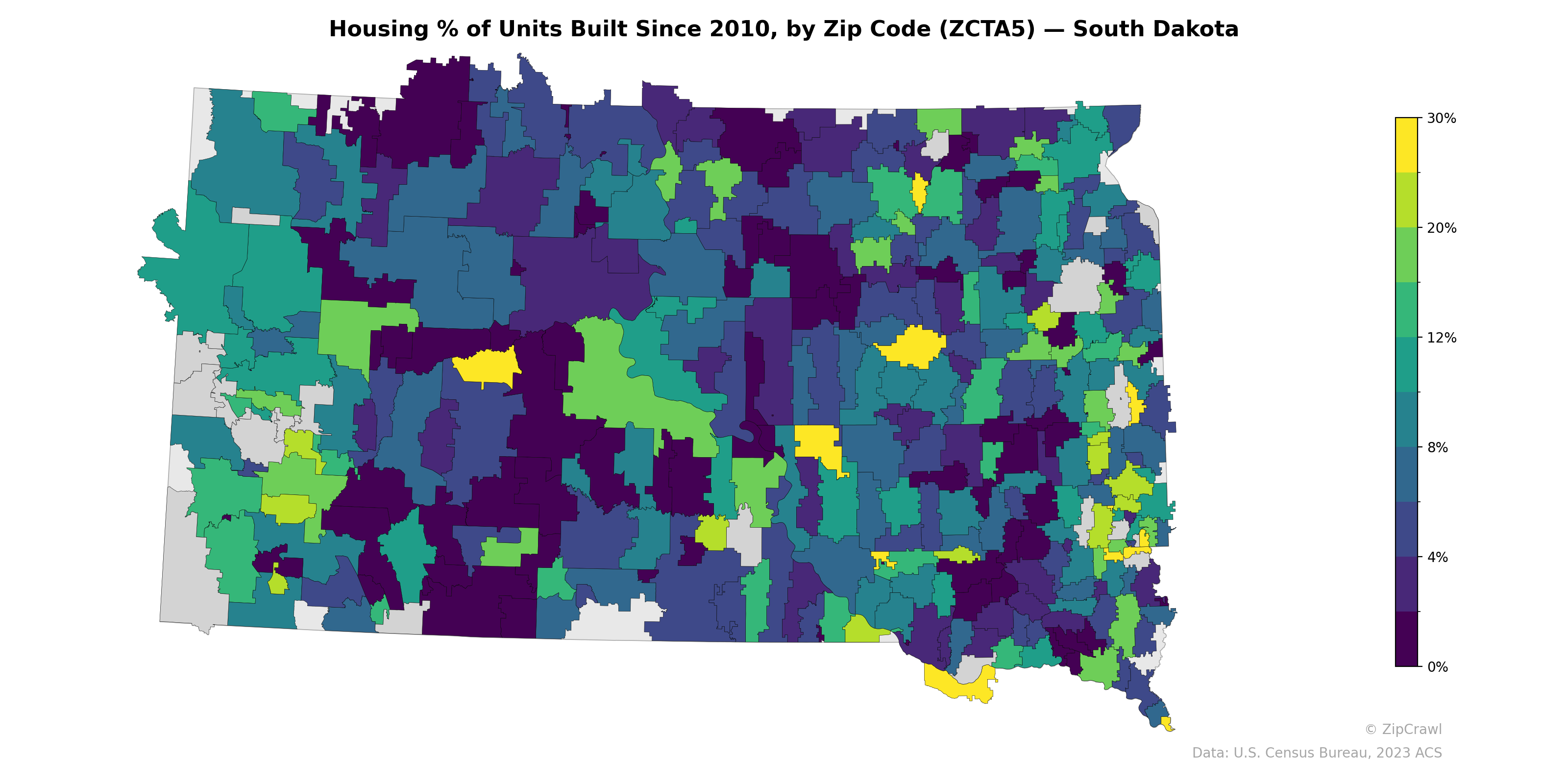 Housing % of Units Built Since 2010, by Zip Code (ZCTA5) — South Dakota