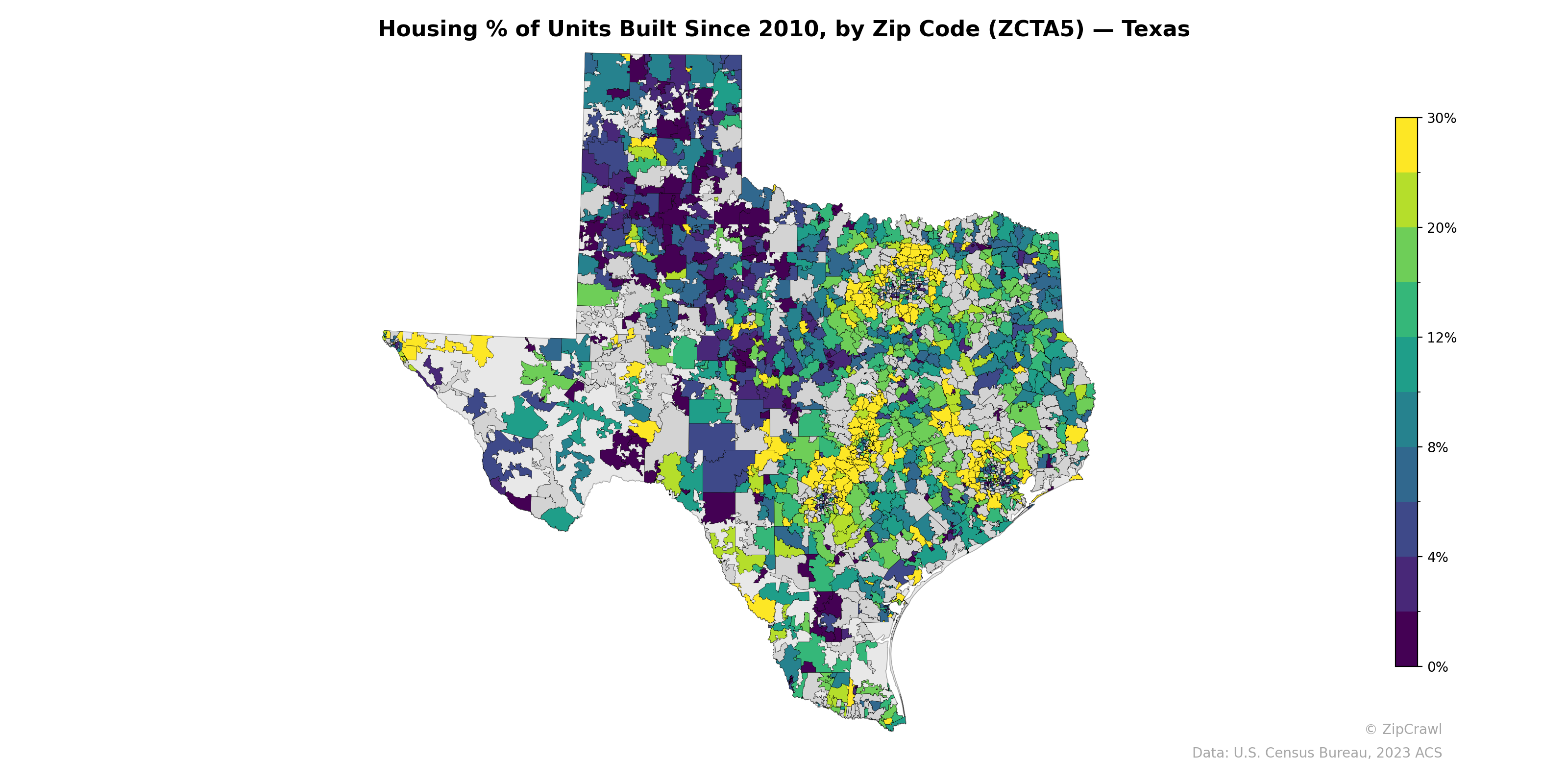 Housing % of Units Built Since 2010, by Zip Code (ZCTA5) — Texas