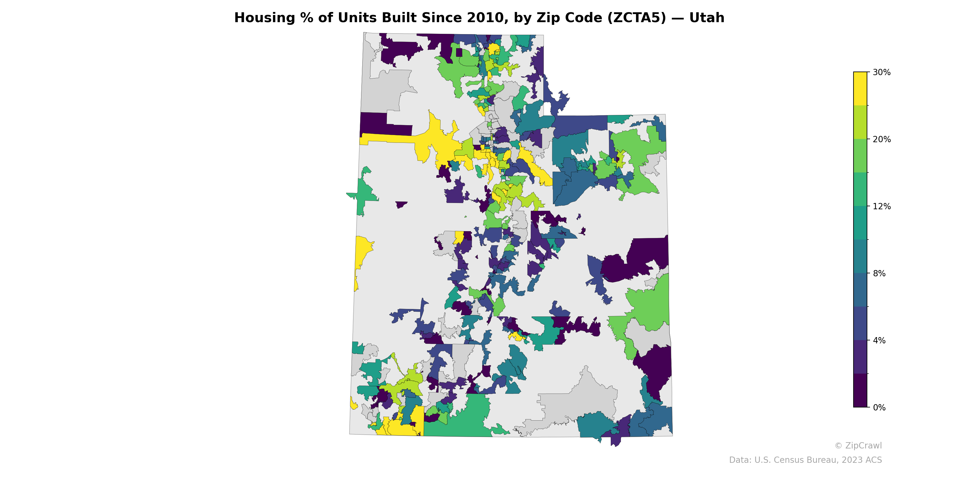 Housing % of Units Built Since 2010, by Zip Code (ZCTA5) — Utah