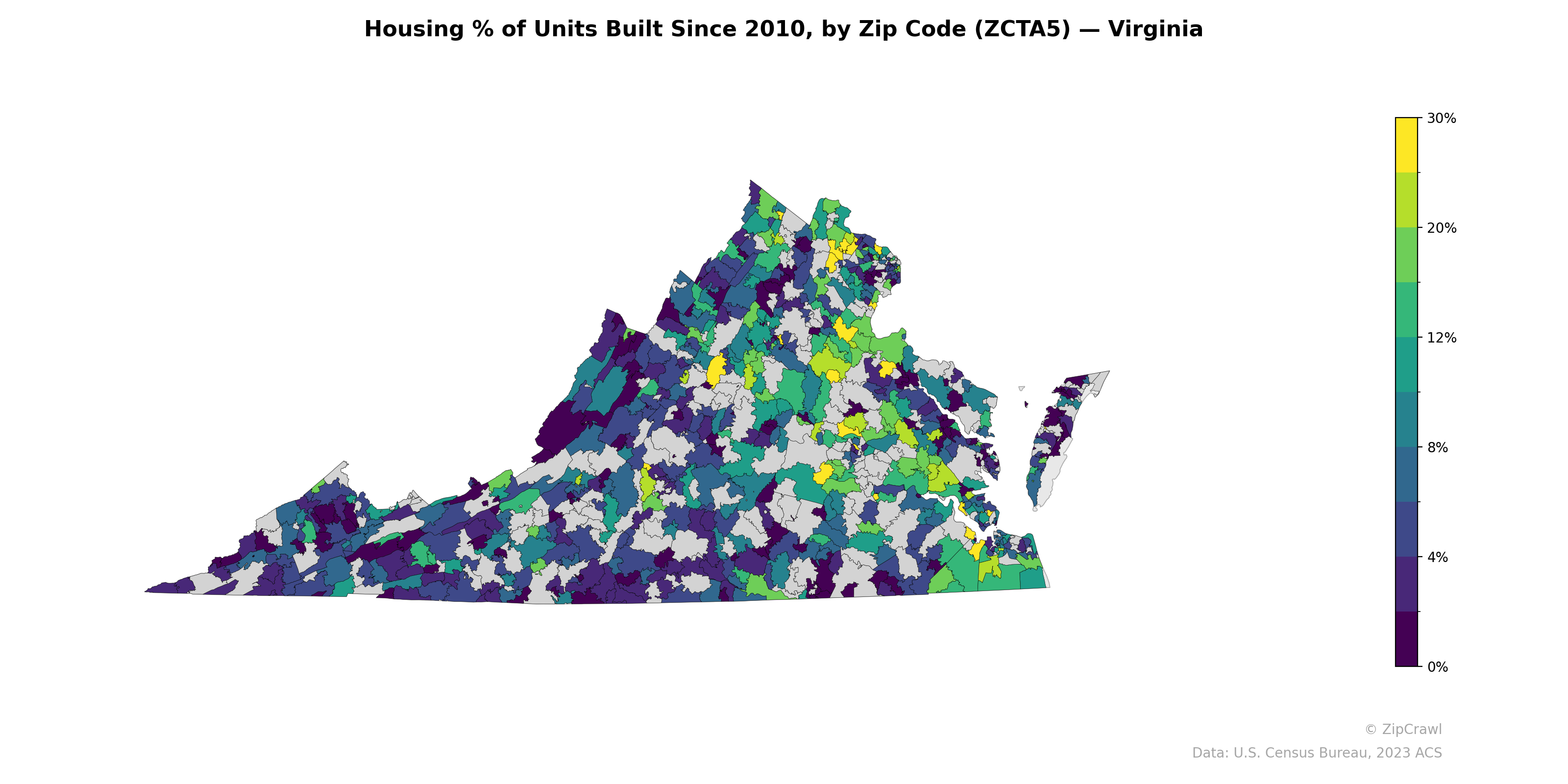 Housing % of Units Built Since 2010, by Zip Code (ZCTA5) — Virginia