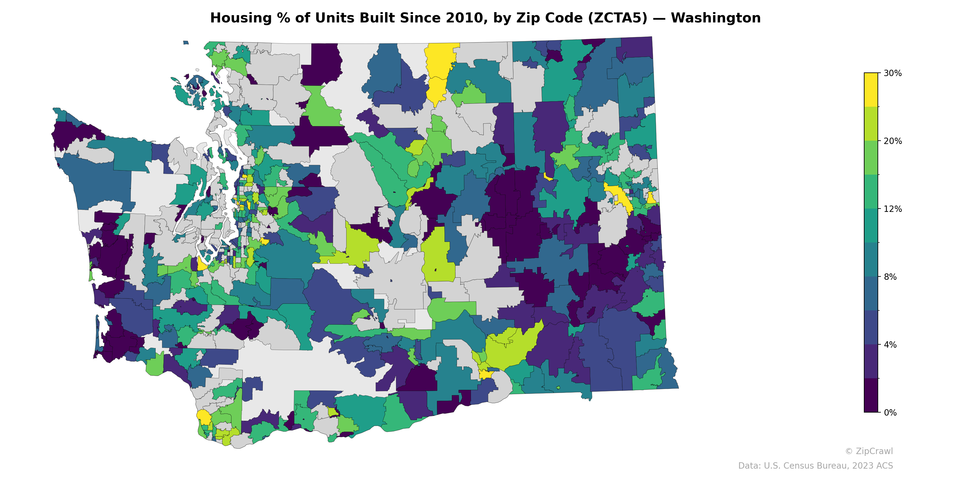 Housing % of Units Built Since 2010, by Zip Code (ZCTA5) — Washington