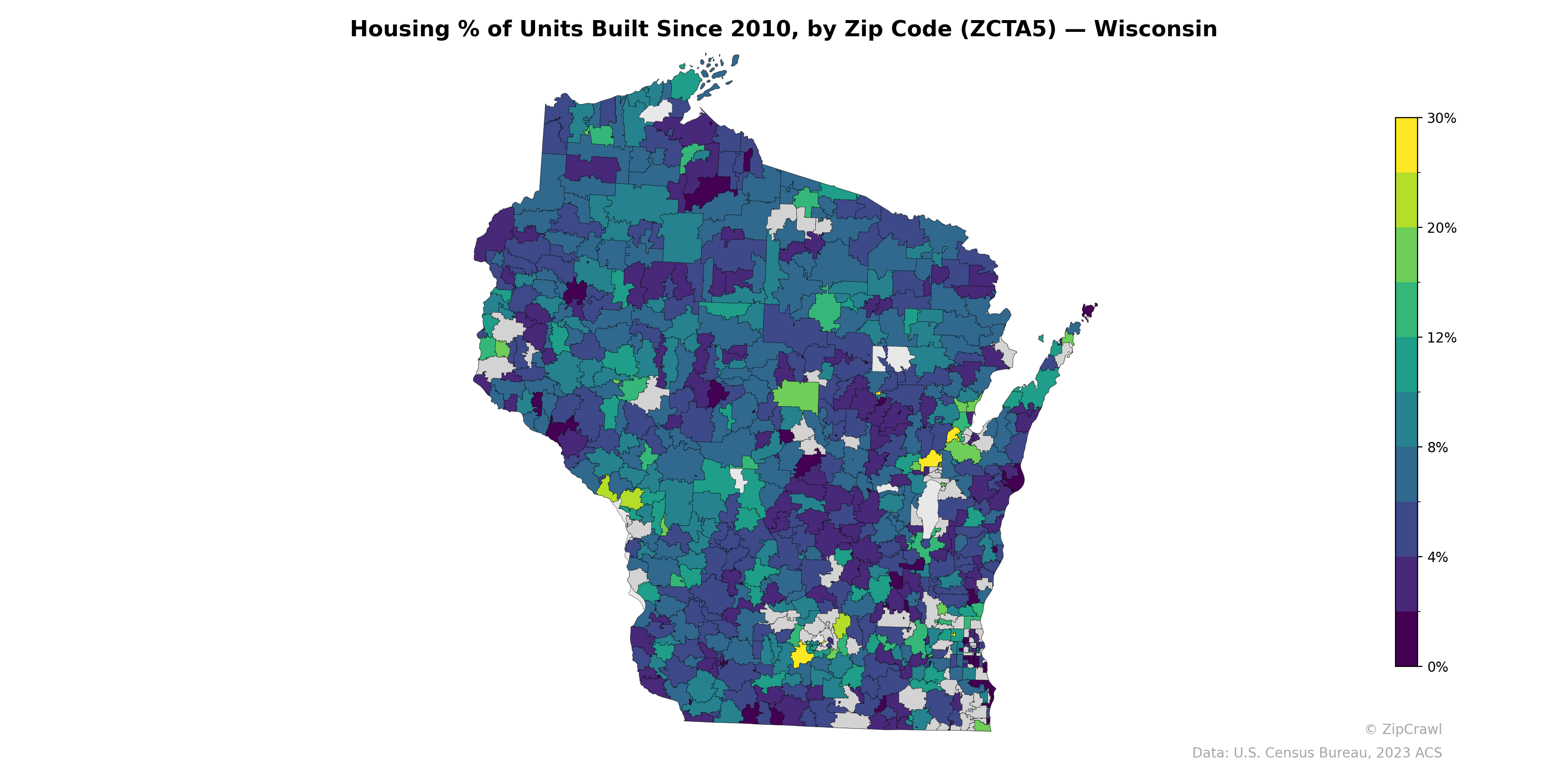 Housing % of Units Built Since 2010, by Zip Code (ZCTA5) — Wisconsin