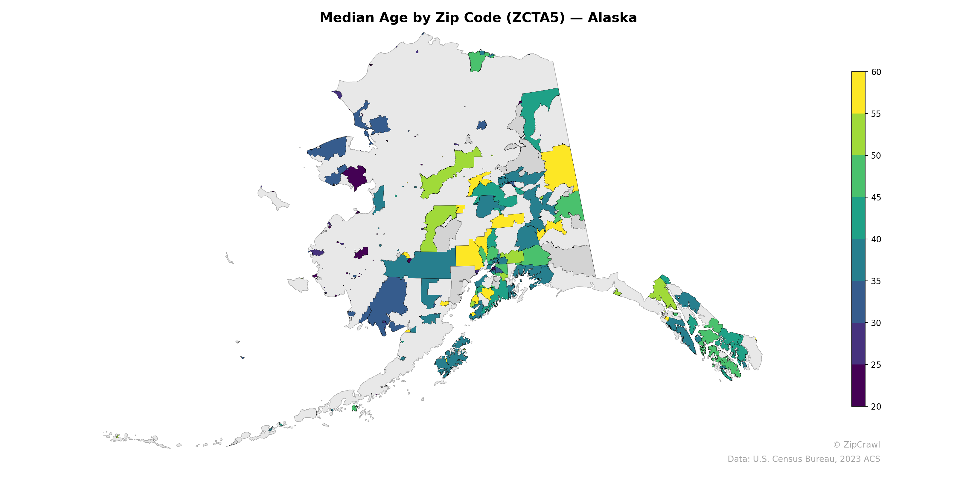 Median Age by Zip Code (ZCTA5) — Alaska